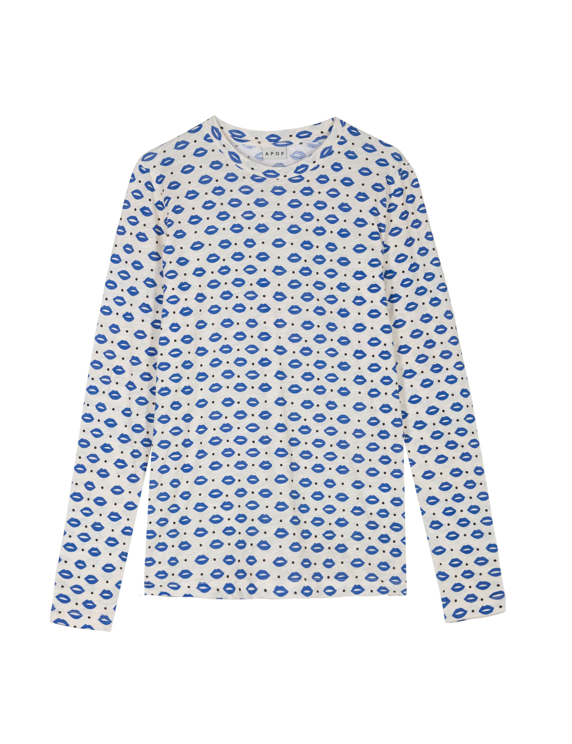 Women's long sleeve white t-shirt with blue lips pattern