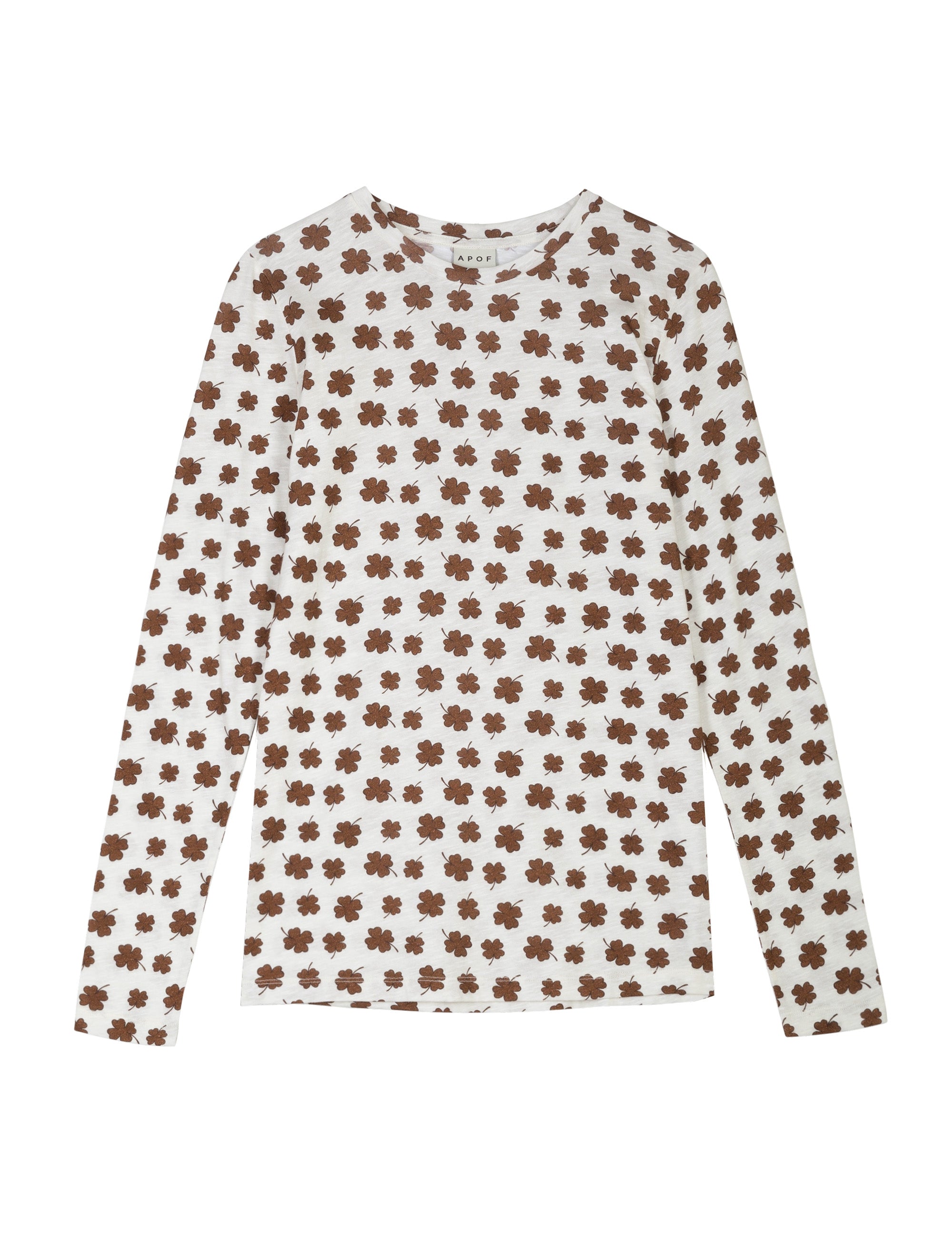Women's long sleeve white t-shirt with brown four-leaved clovers pattern