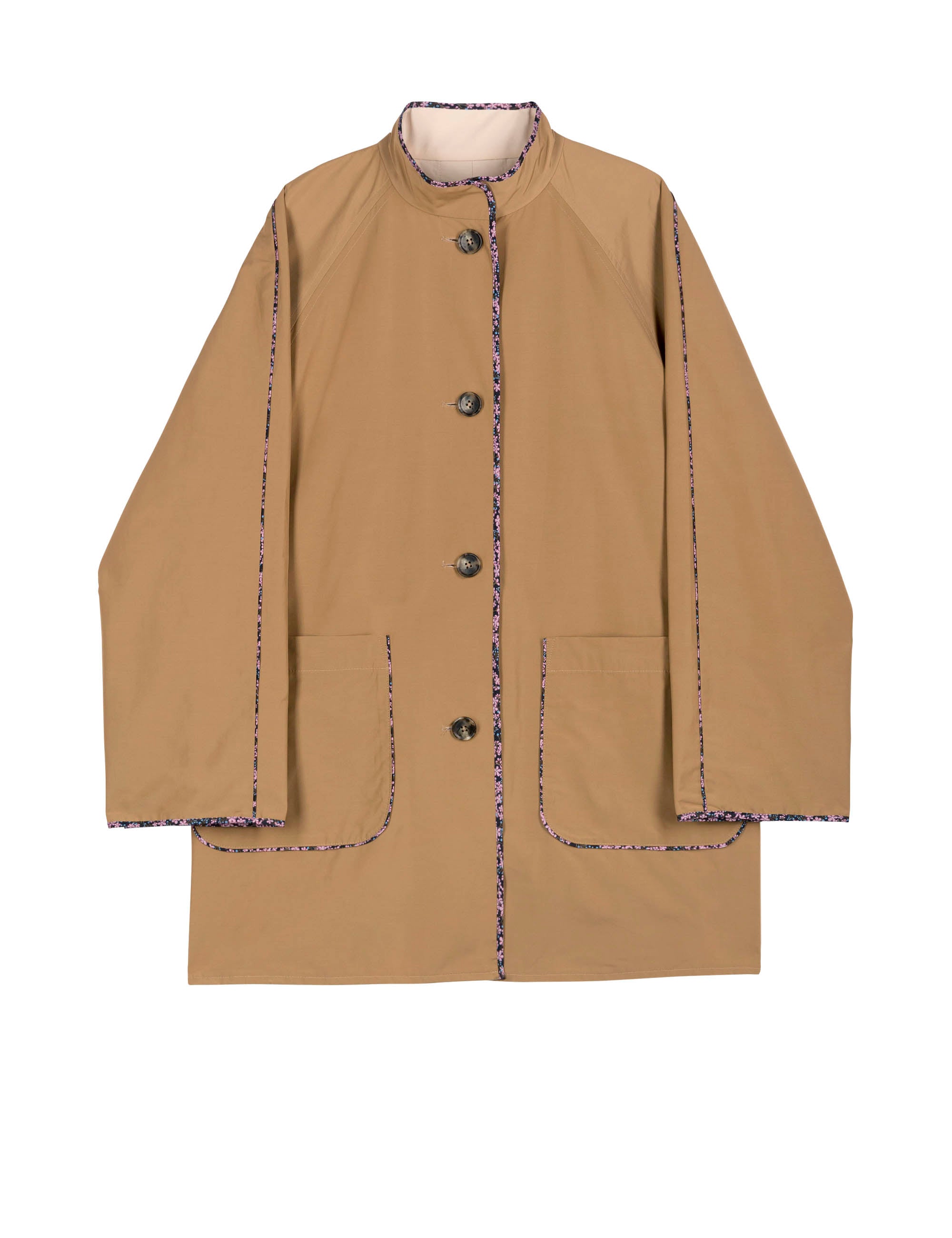 Brown reversible women's jacket with buttons, pockets and flower patterned lining