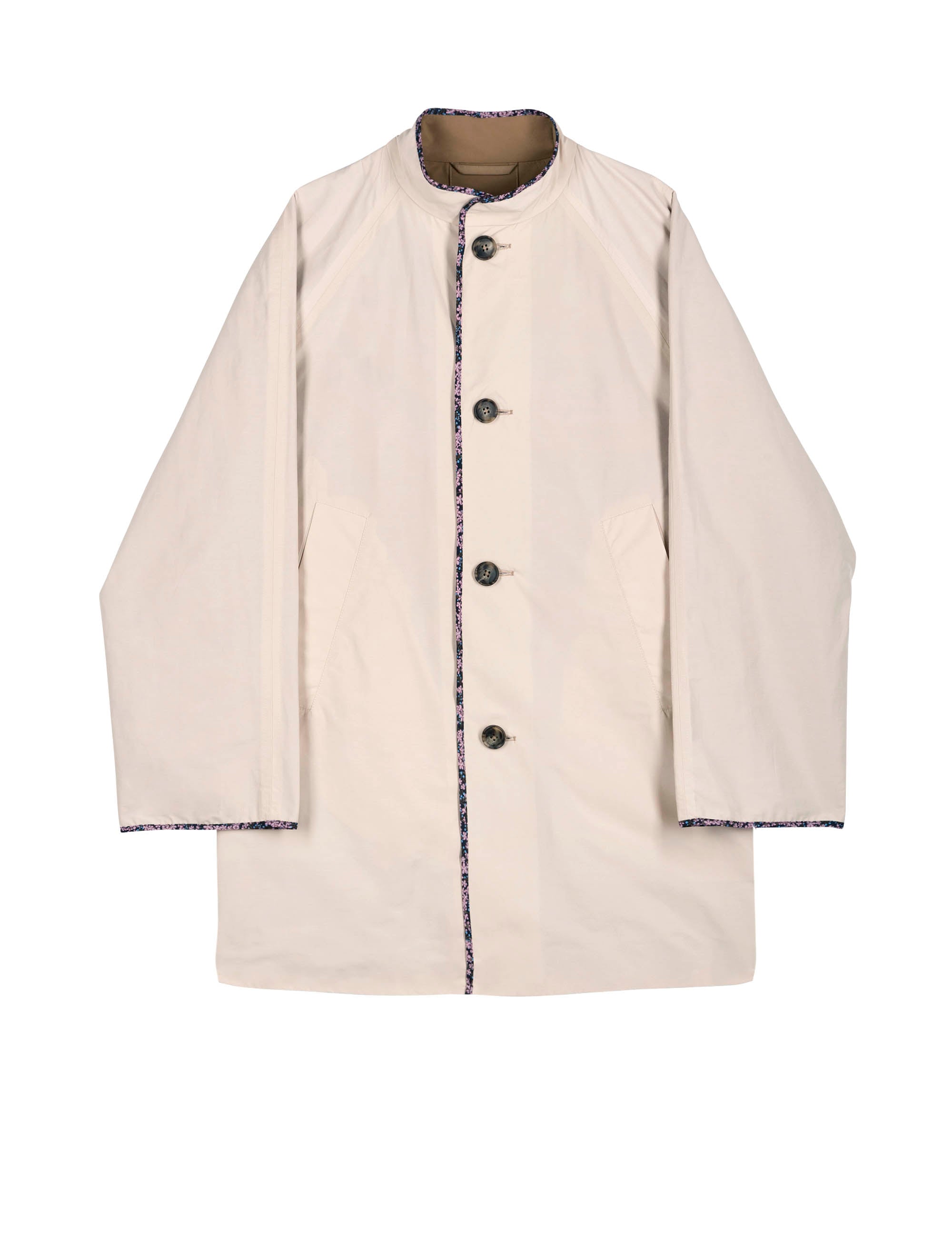 White and brown reversible reversible women's jacket with buttons, pockets and flower patterned lining