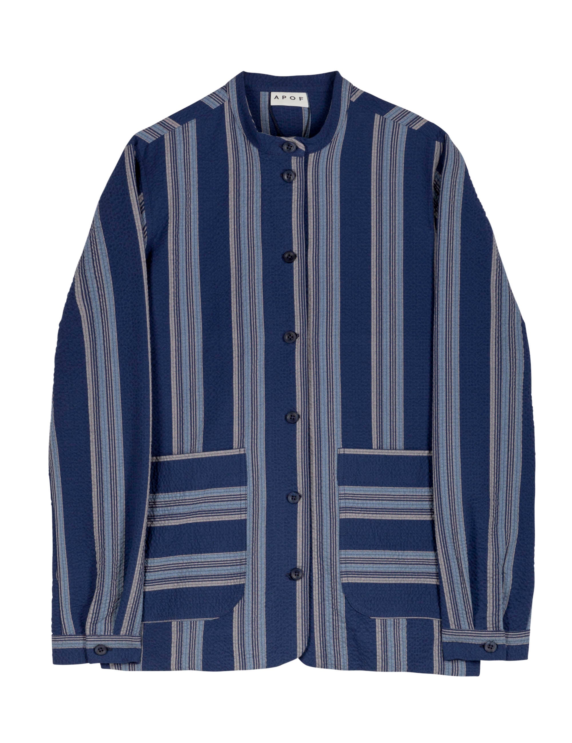 Blue and white striped women's jacket with pockets and buttons