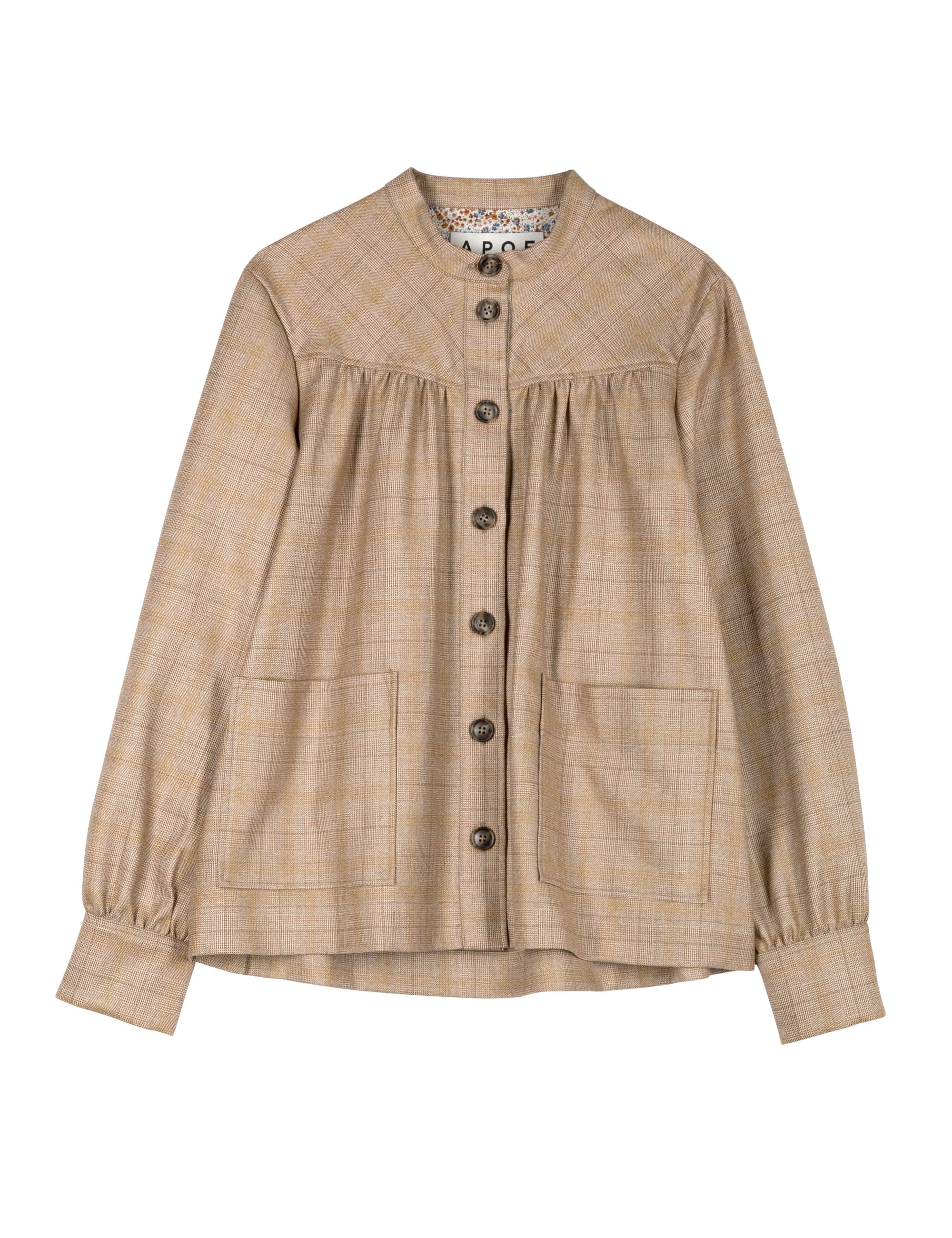 Womens beige check print wool jacket with buttons and pockets