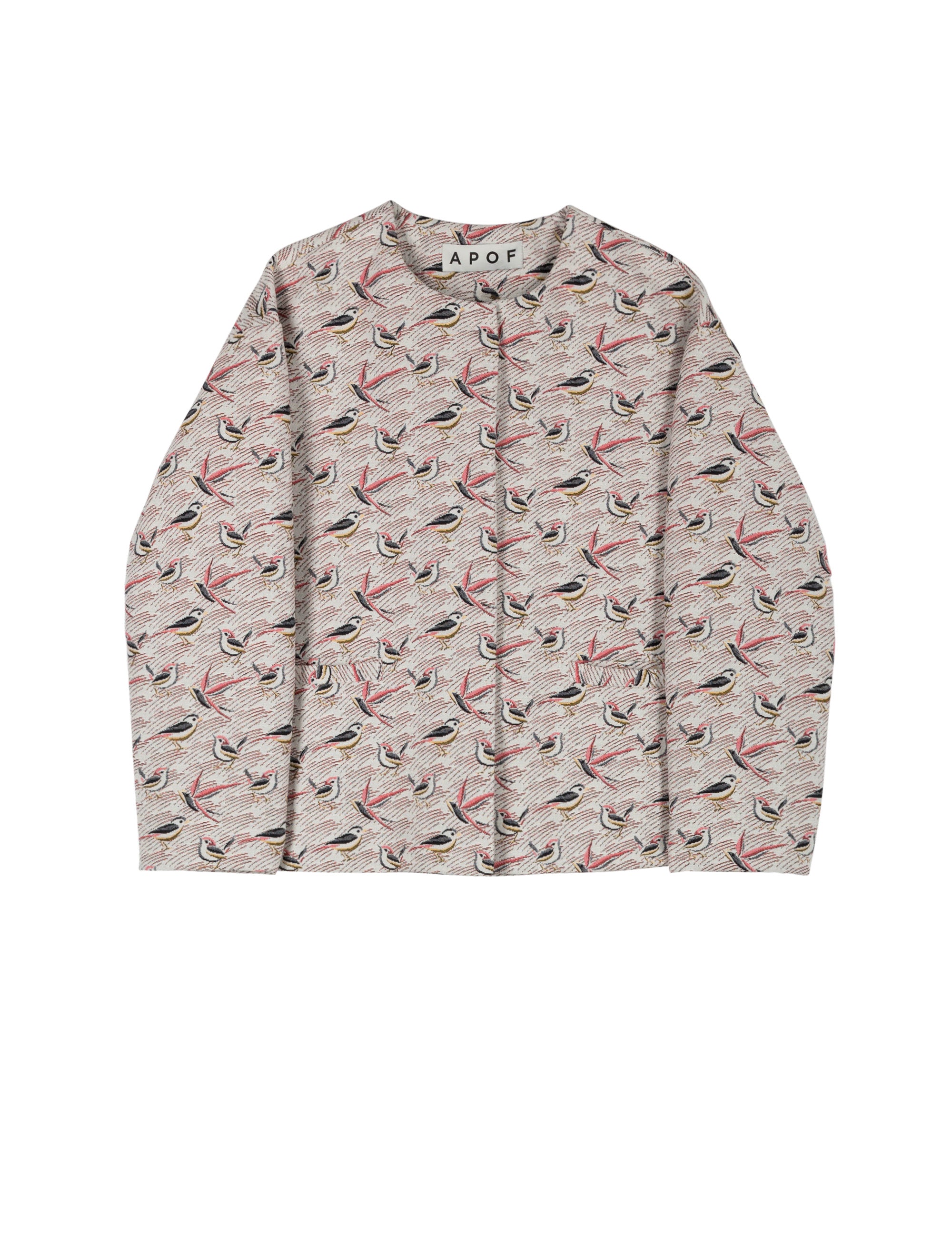 Women's round collar jacket with pink bird pattern
