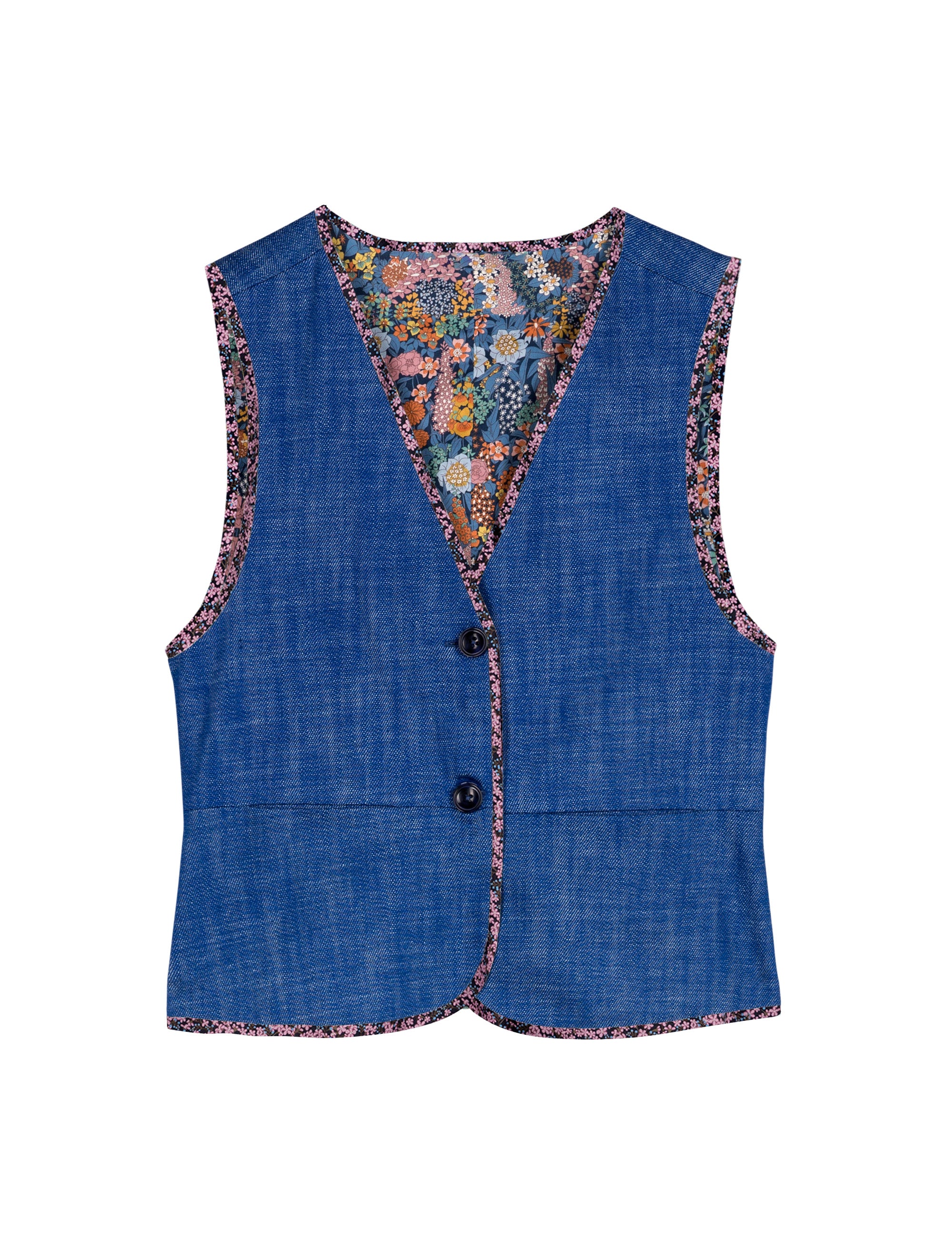 Blue women's vest with multi color flower patterned lining