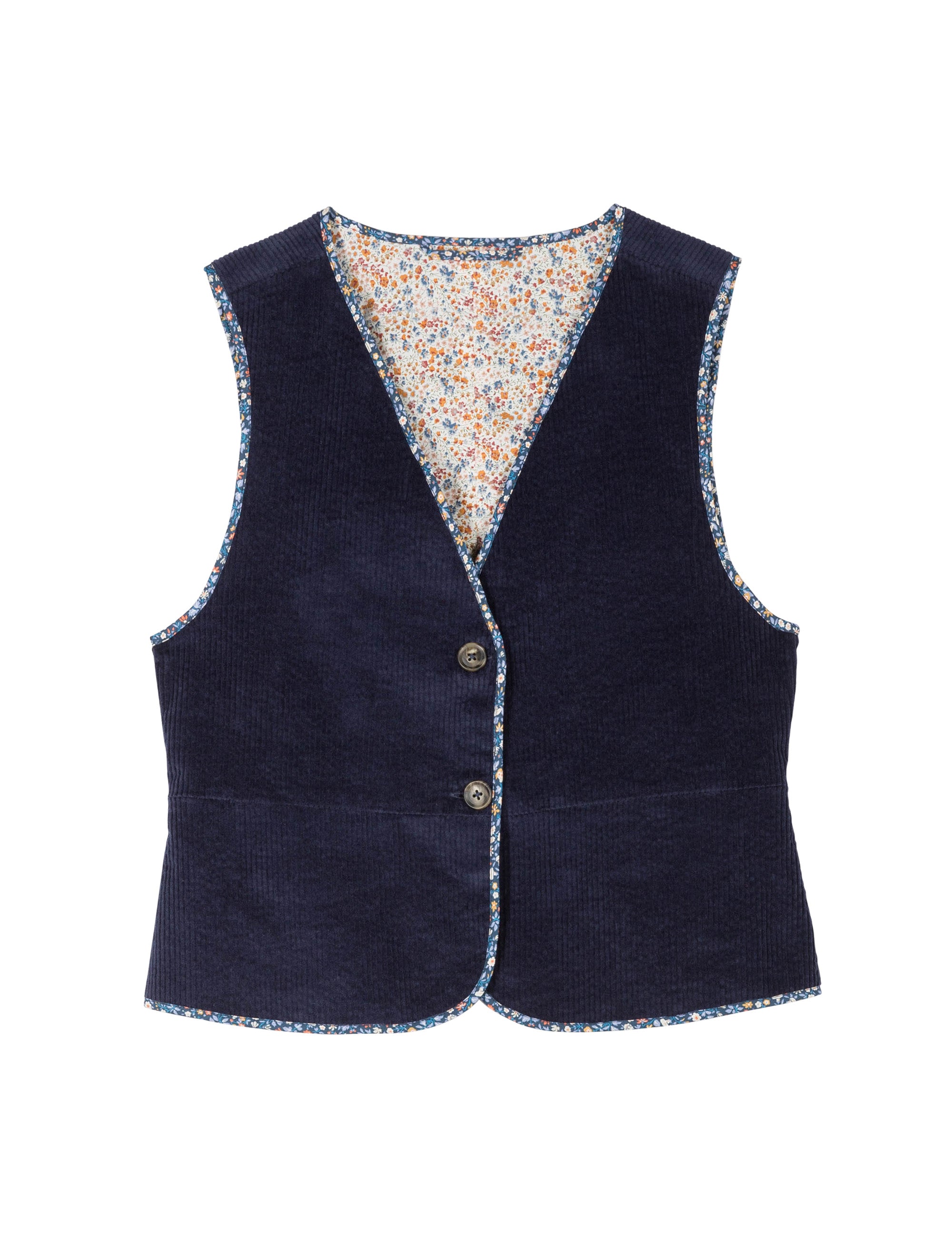 Women's navy blue corduroy vest with buttons, pockets and Liberty floral print lining