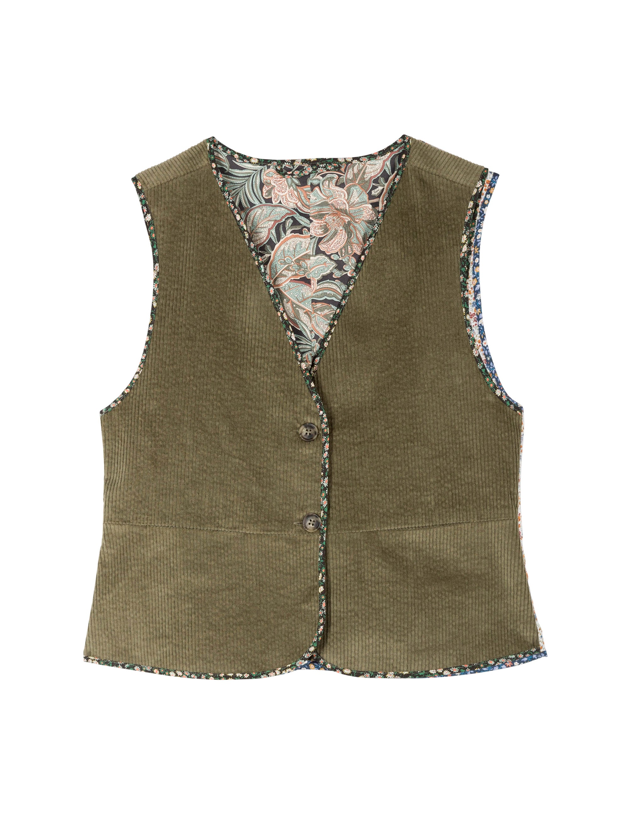 Women's green corduroy vest with buttons, pockets and floral patterned lining and pipings