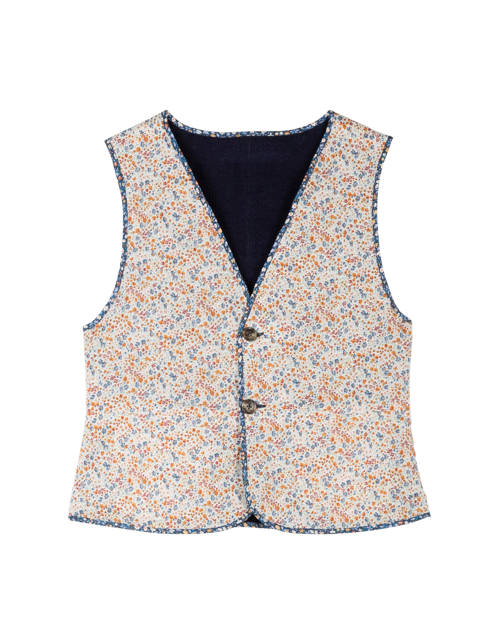 Women's floral print vest with buttons, pockets and Liberty navy blue corduroy lining