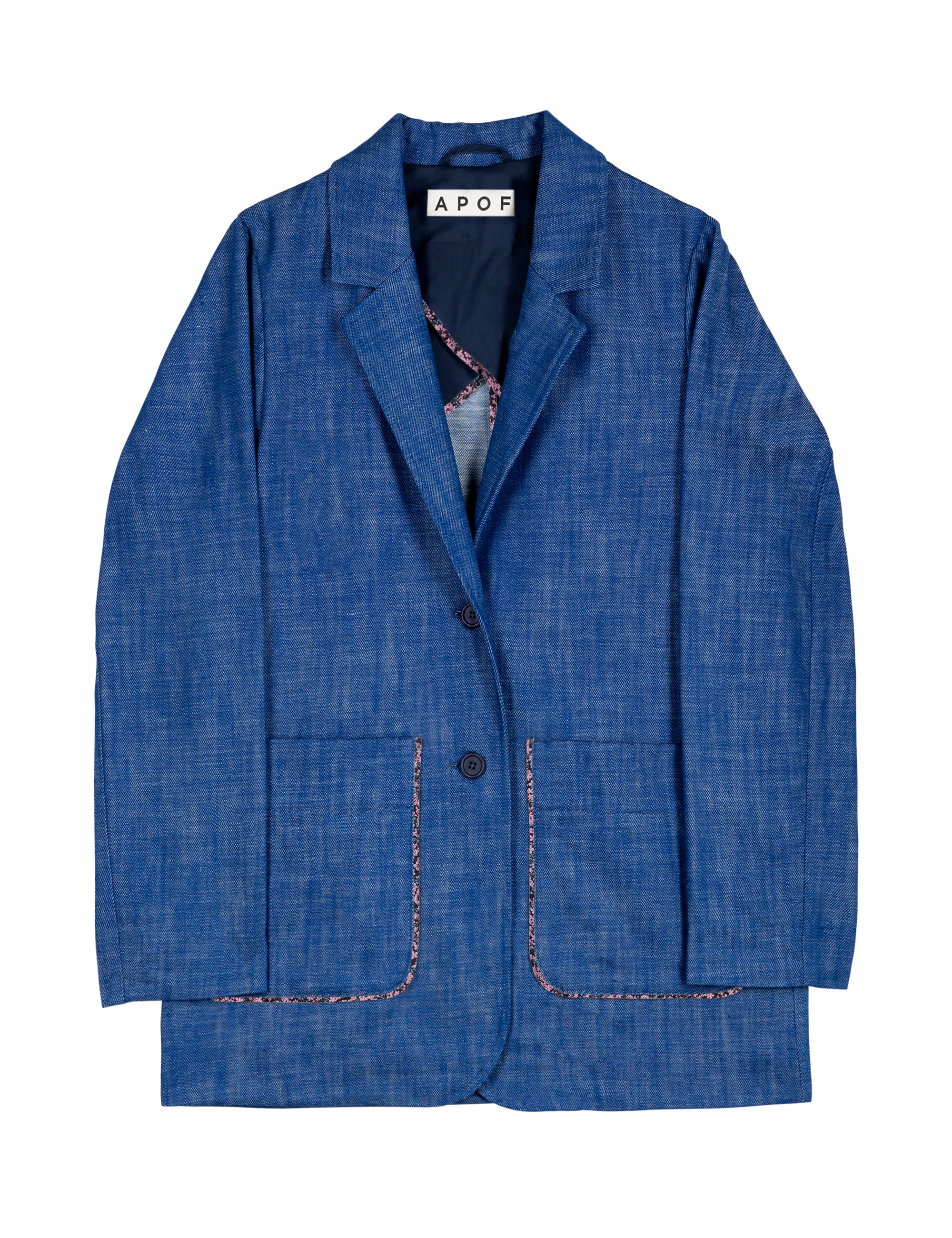 Blue women's jacket with pockets, buttons and flower patterned lining