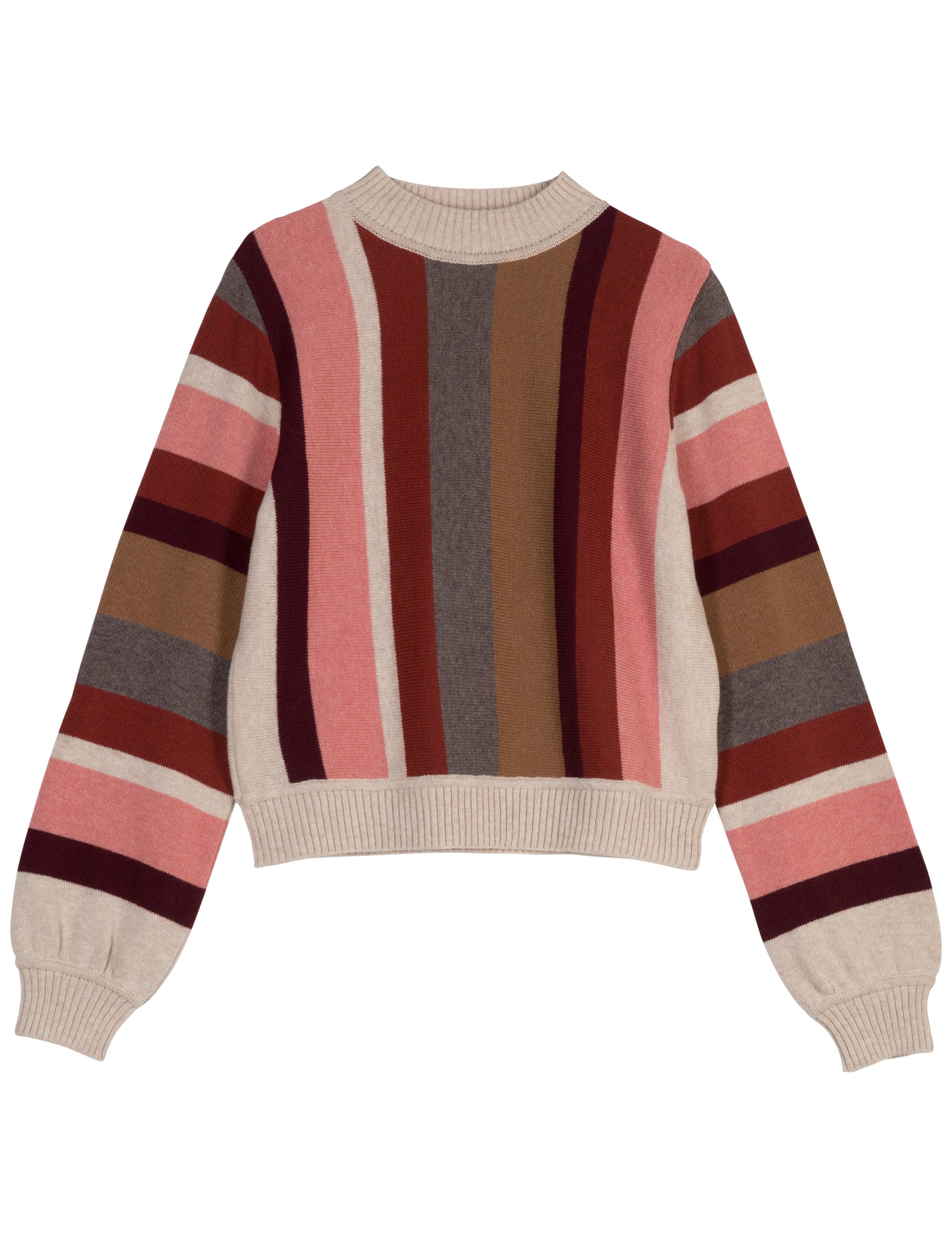 Striped women's wool pullover in pink, beige, brown and red