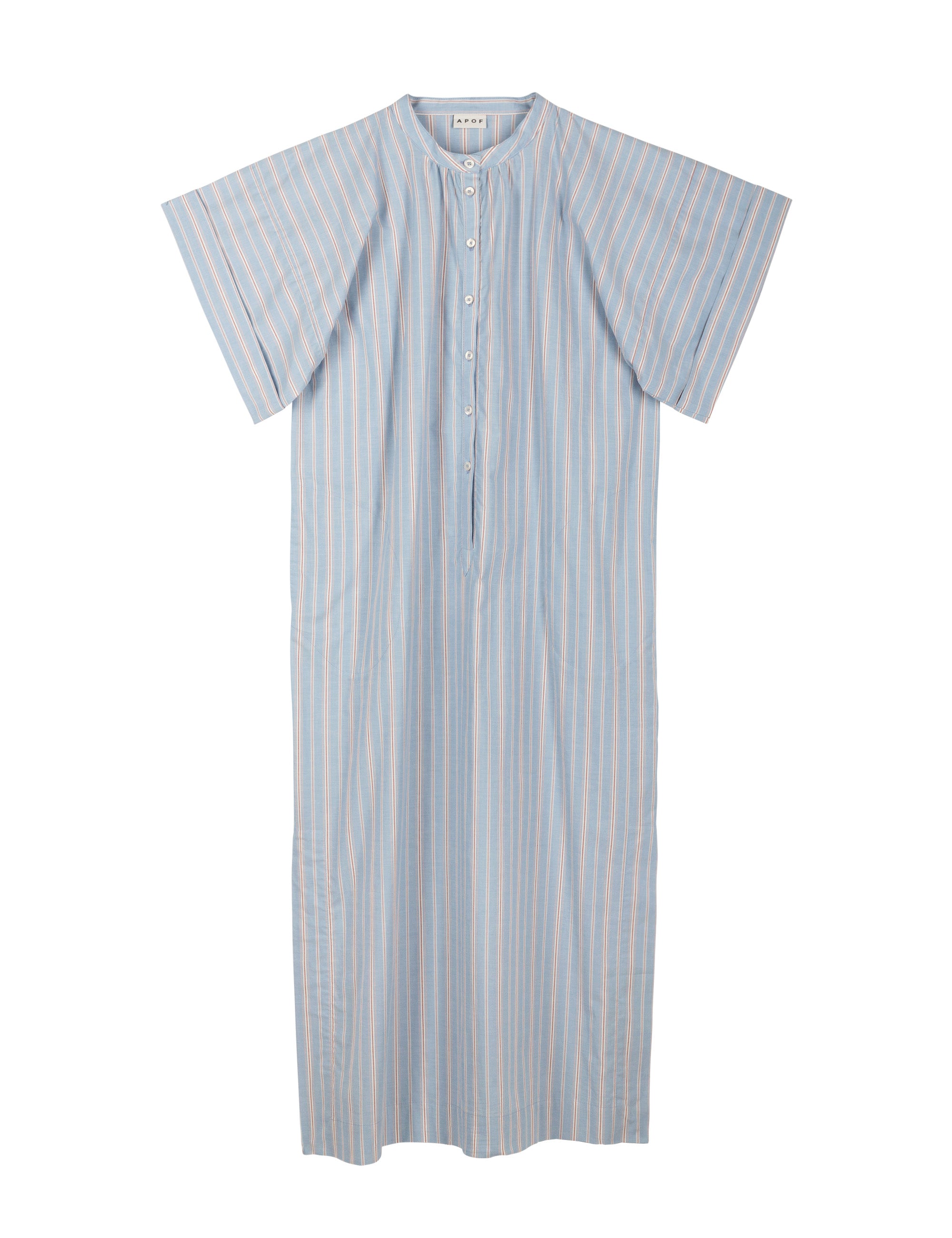 Blue white and red striped kaftan dress with short sleeves and buttons