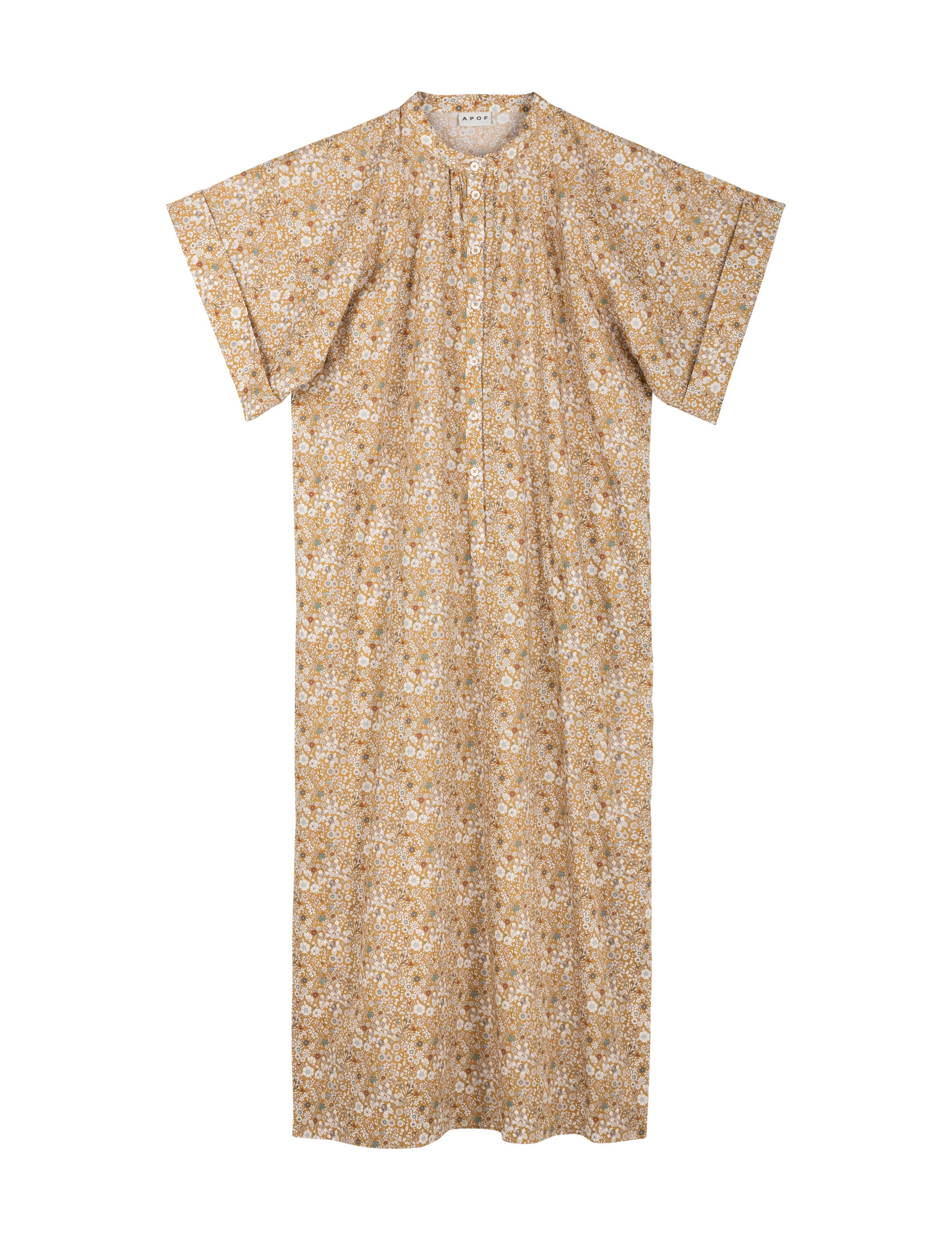 White and brown flower patterned kaftan dress with short sleeves and buttons