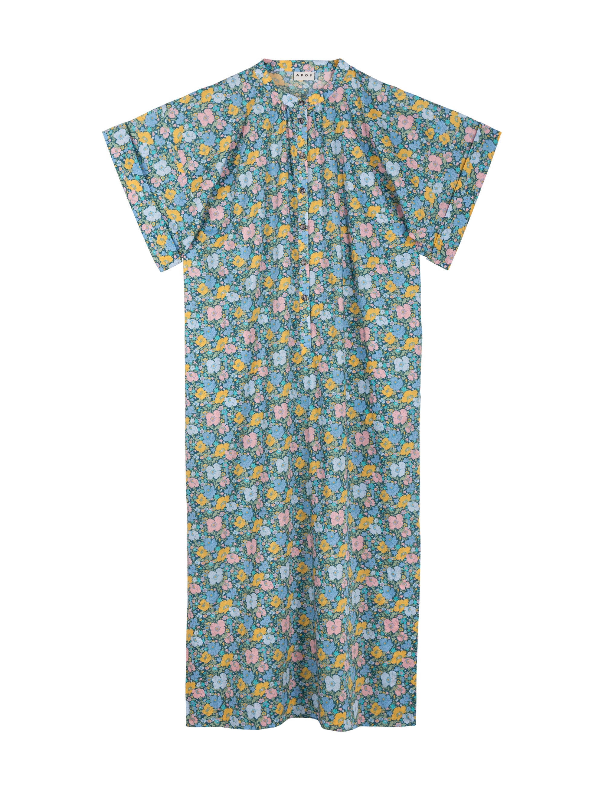Green multi colored flower patterned kaftan dress with short sleeves and buttons