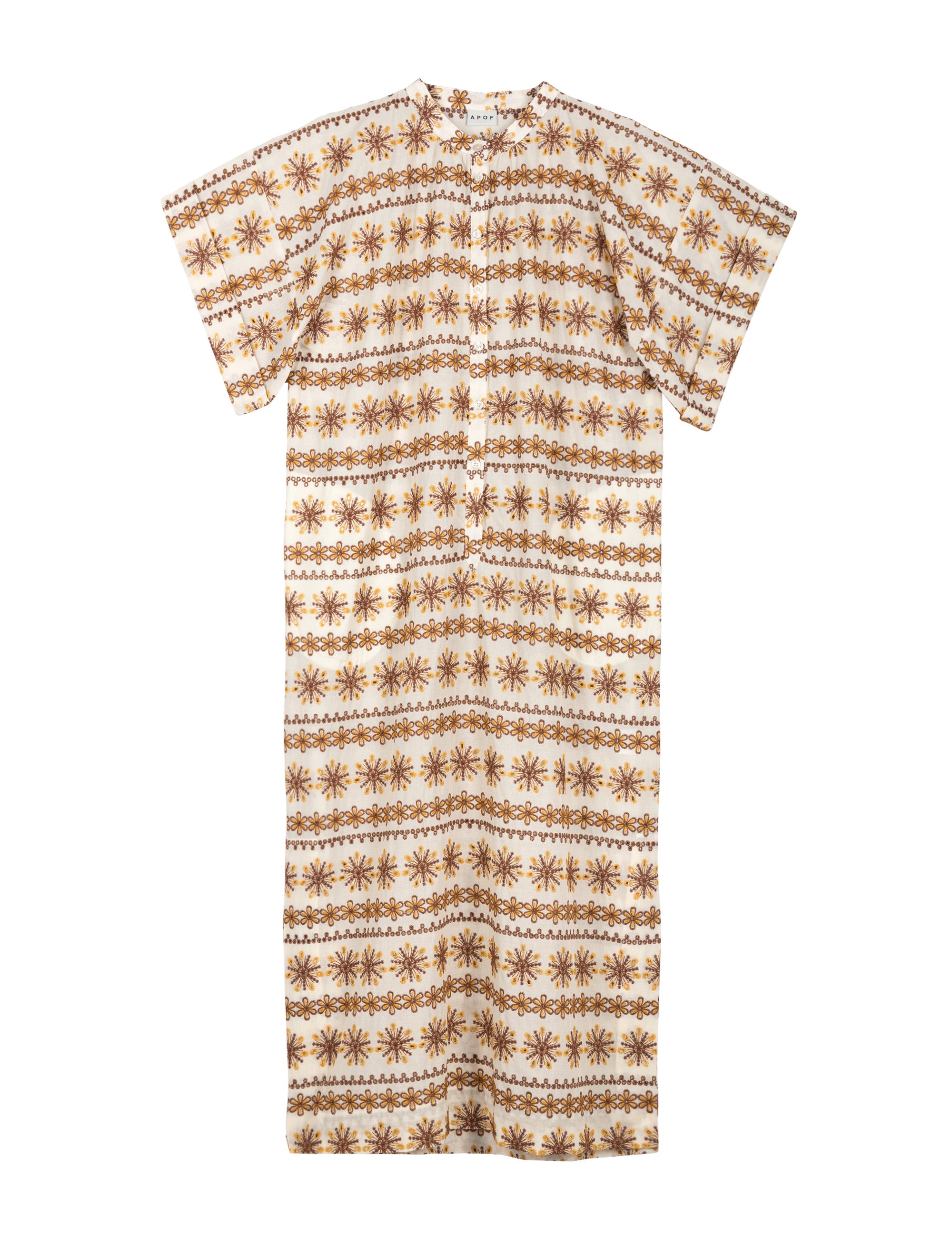 Laced white and brown patterned kaftan dress with short sleeves and buttons