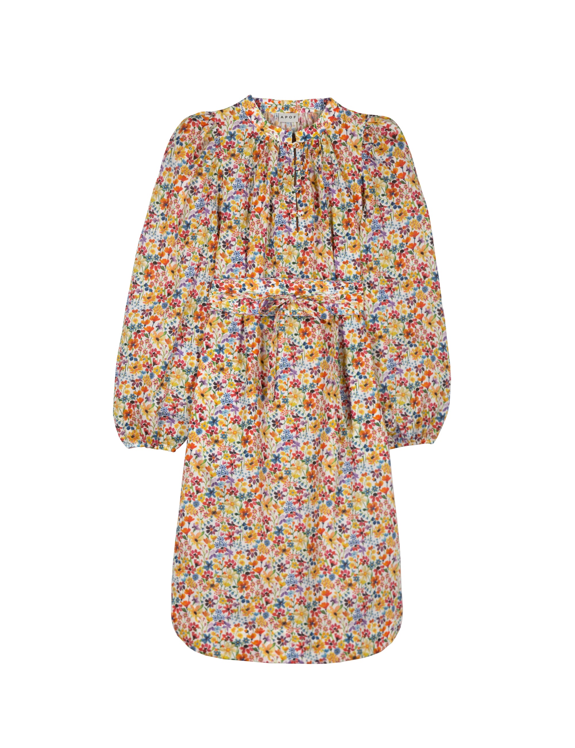 Dress with long sleeves and belt in fabric with colored flower pattern