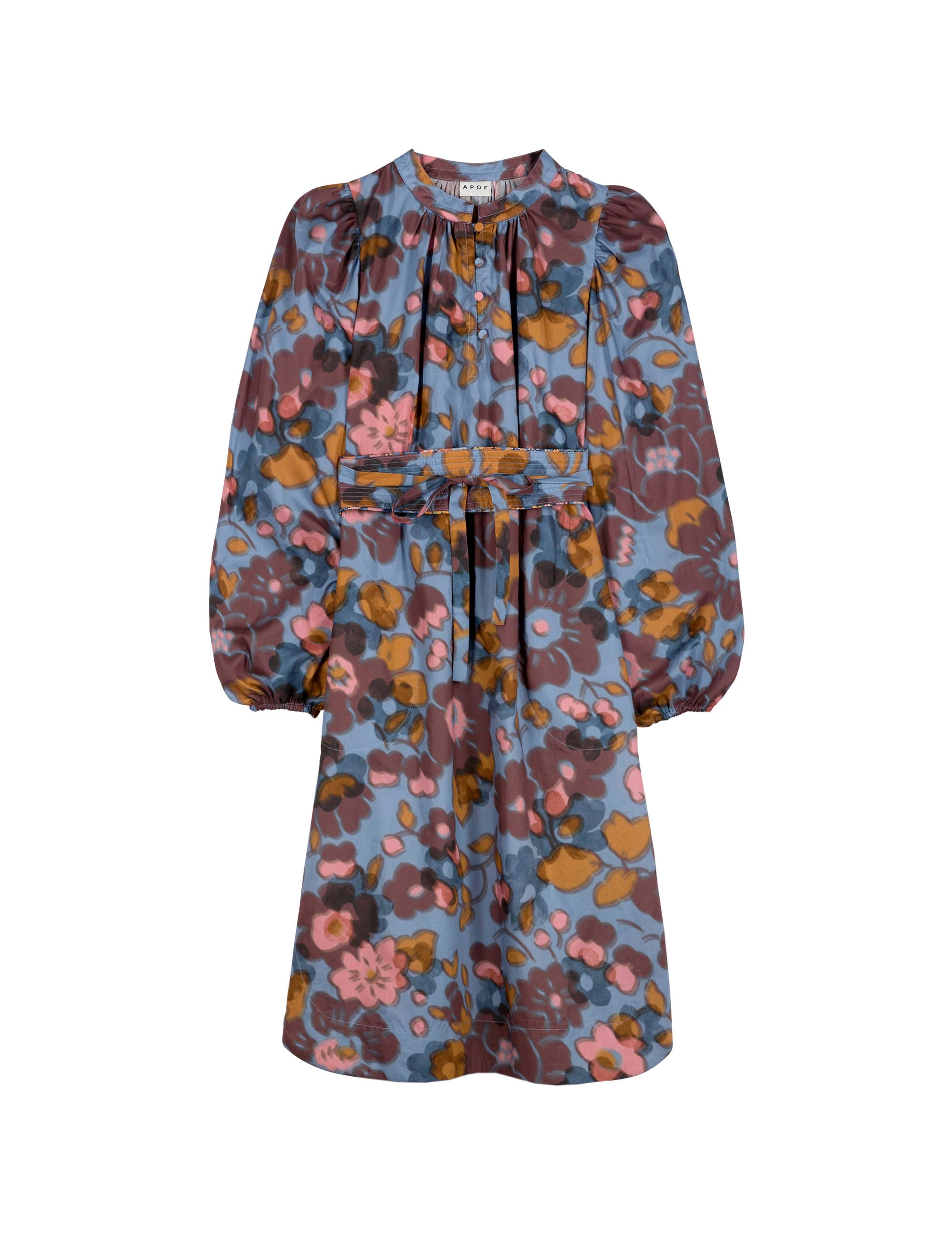 Blue dress with long sleeves and belt in fabric with abstract flowers