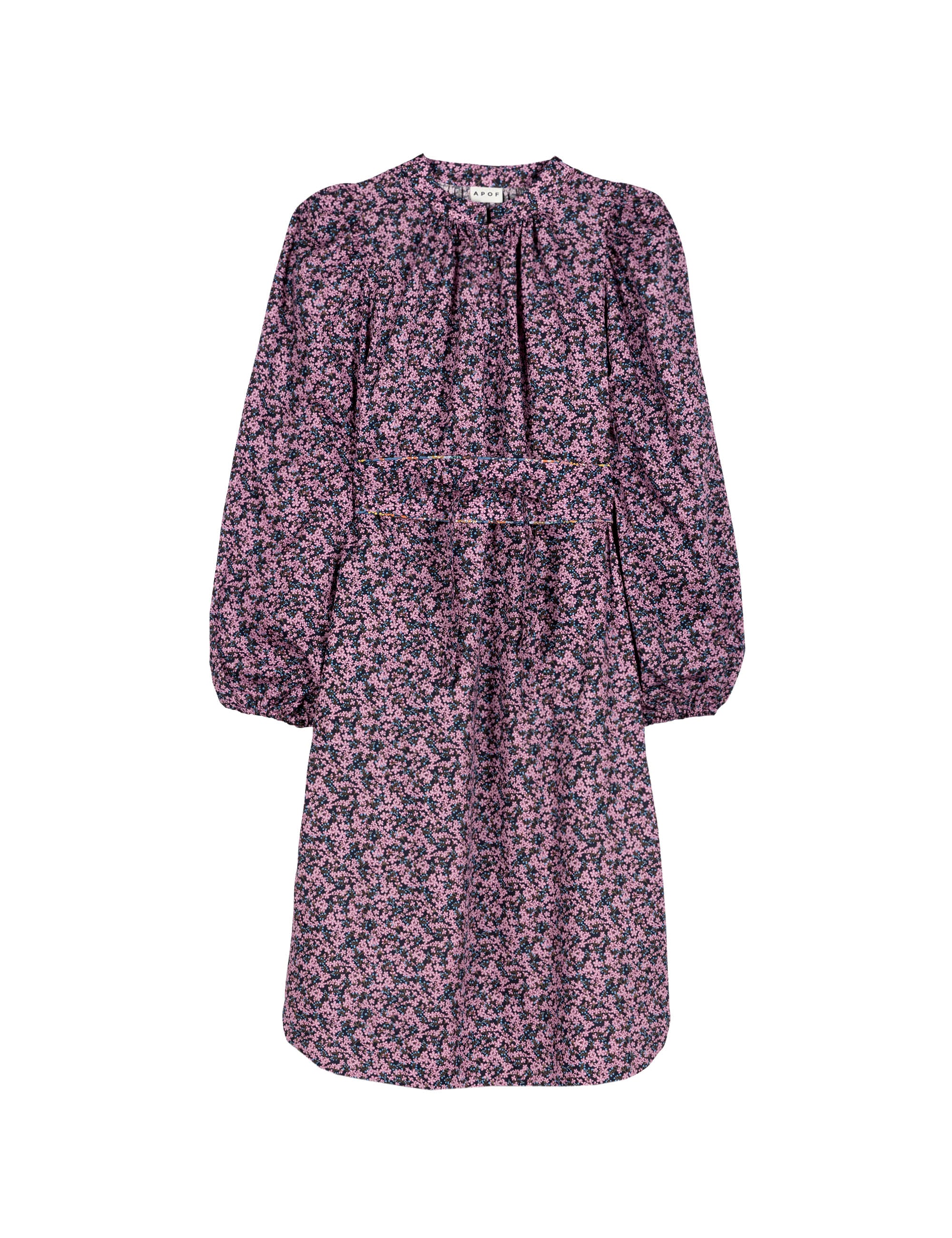 Purple flower patterned dress with long sleeves, buttons and belt