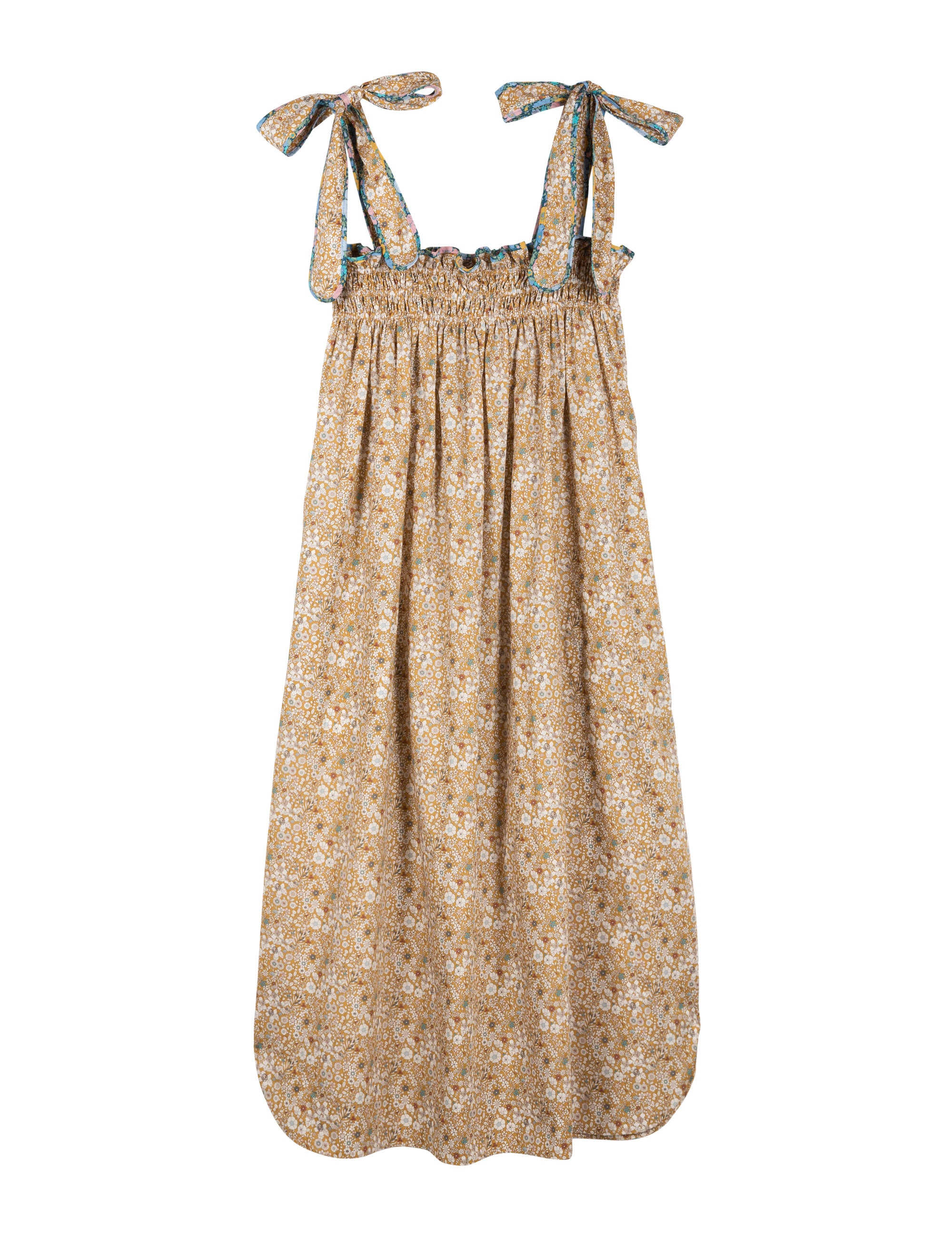 Strap dress with beige and brown flower pattern and shoulder bows