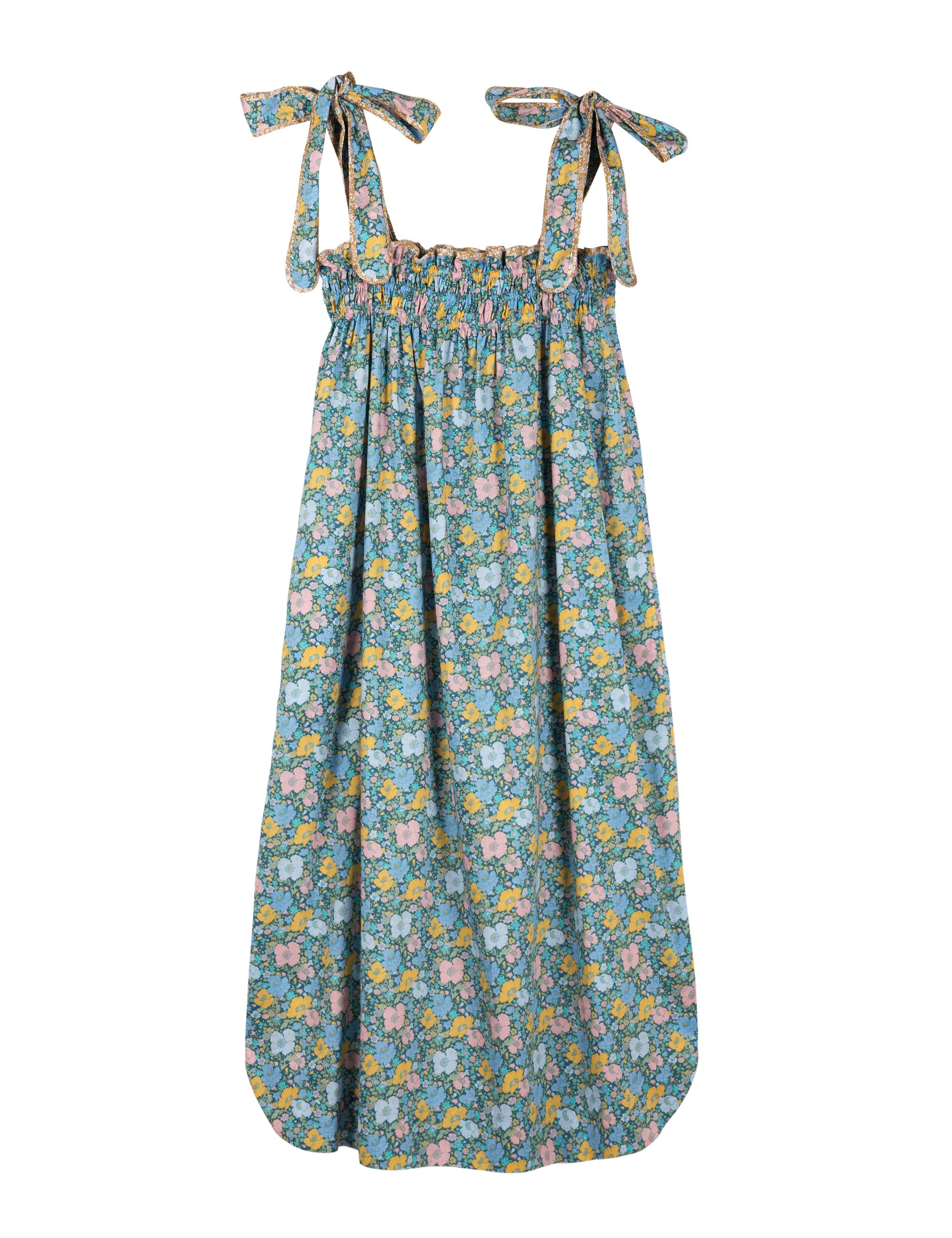 Strap dress with green and multi colored flower pattern and shoulder bows