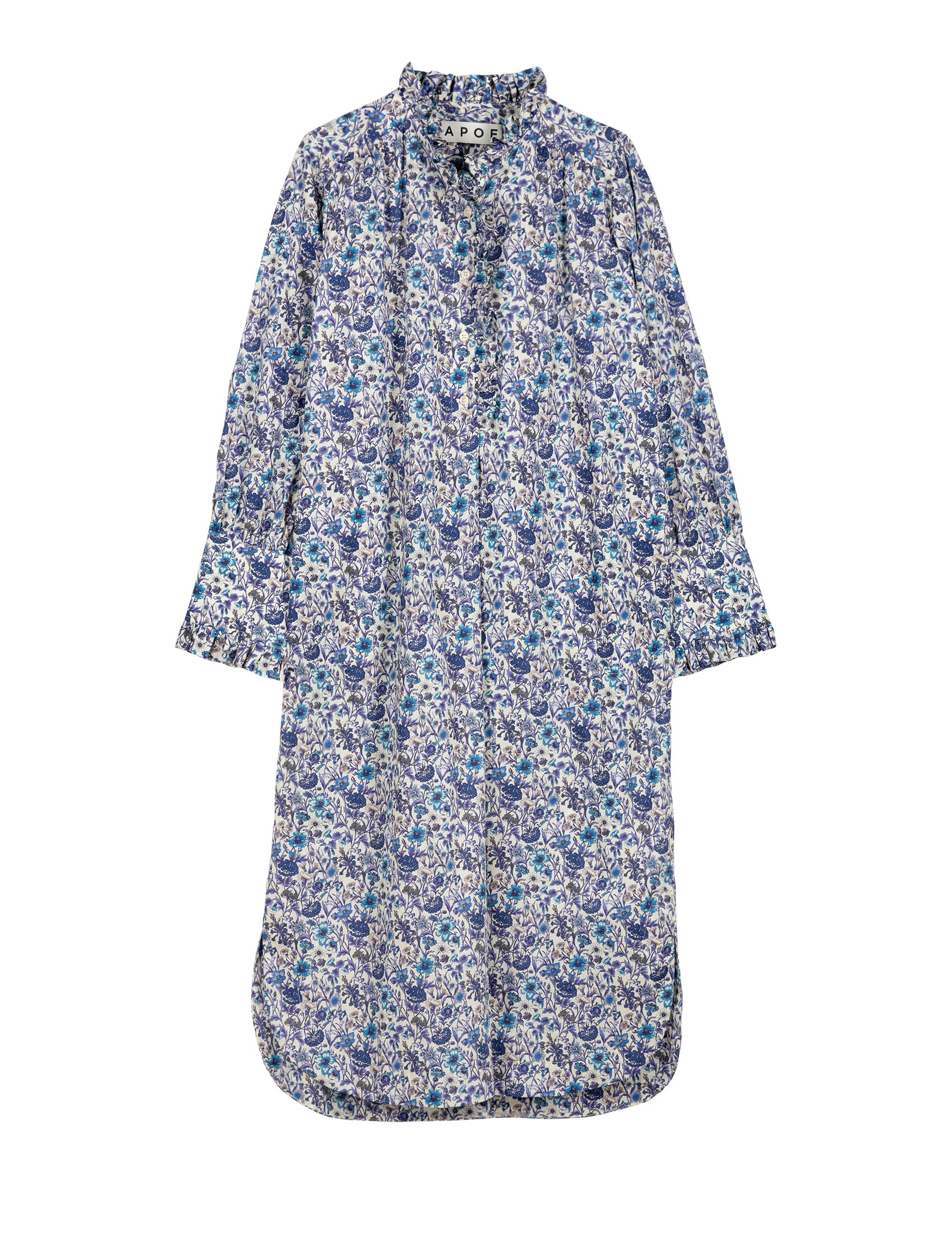 Blue tunic dress with flower pattern, buttons and frills