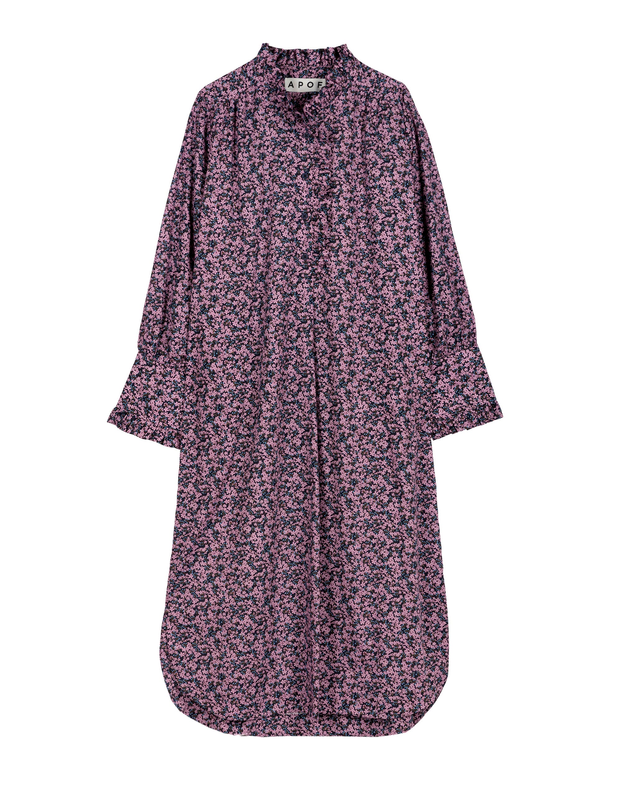 Purple tunic dress with flower pattern, buttons and frills