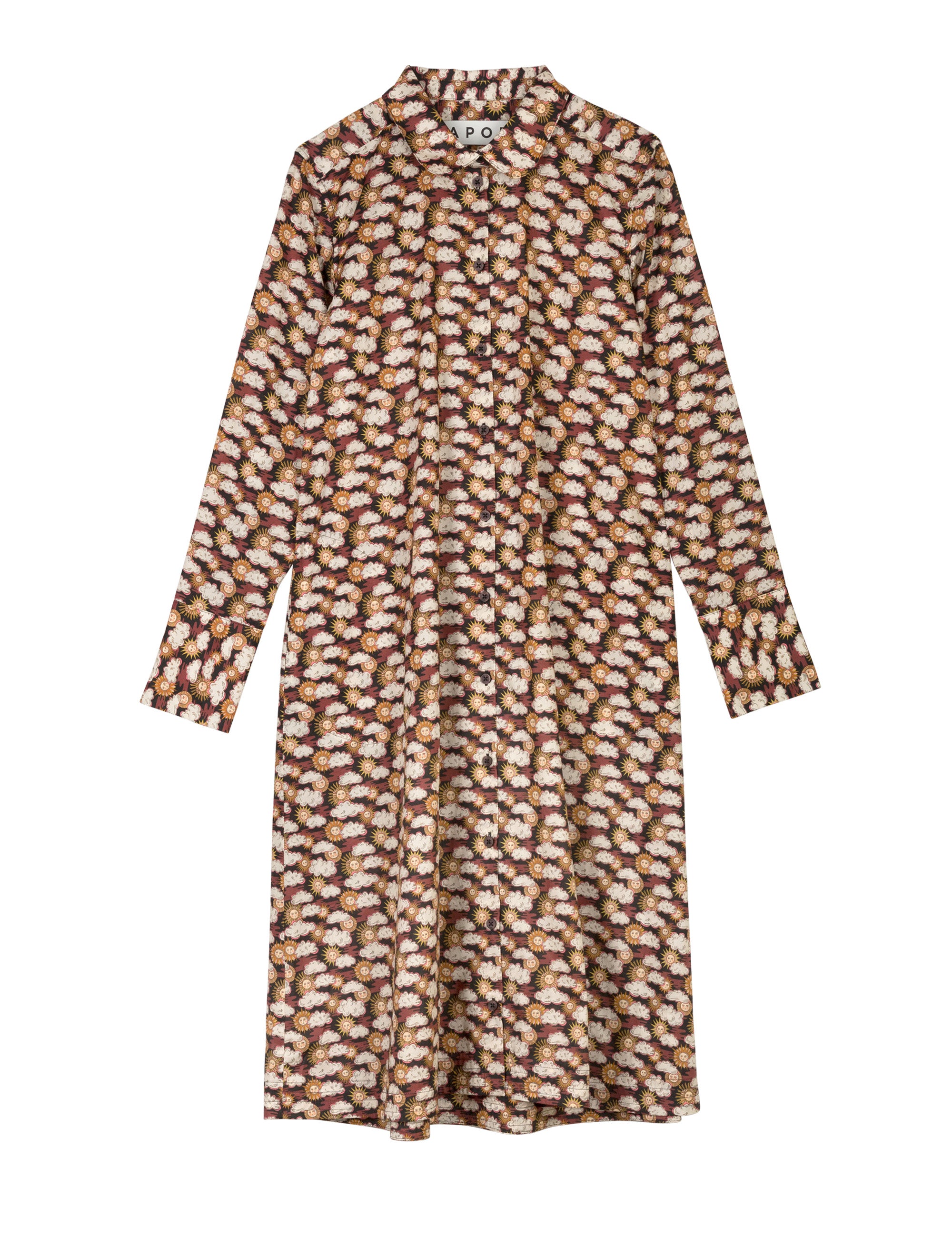 Shirt dress in cotton with sun and clouds pattern and long sleeves