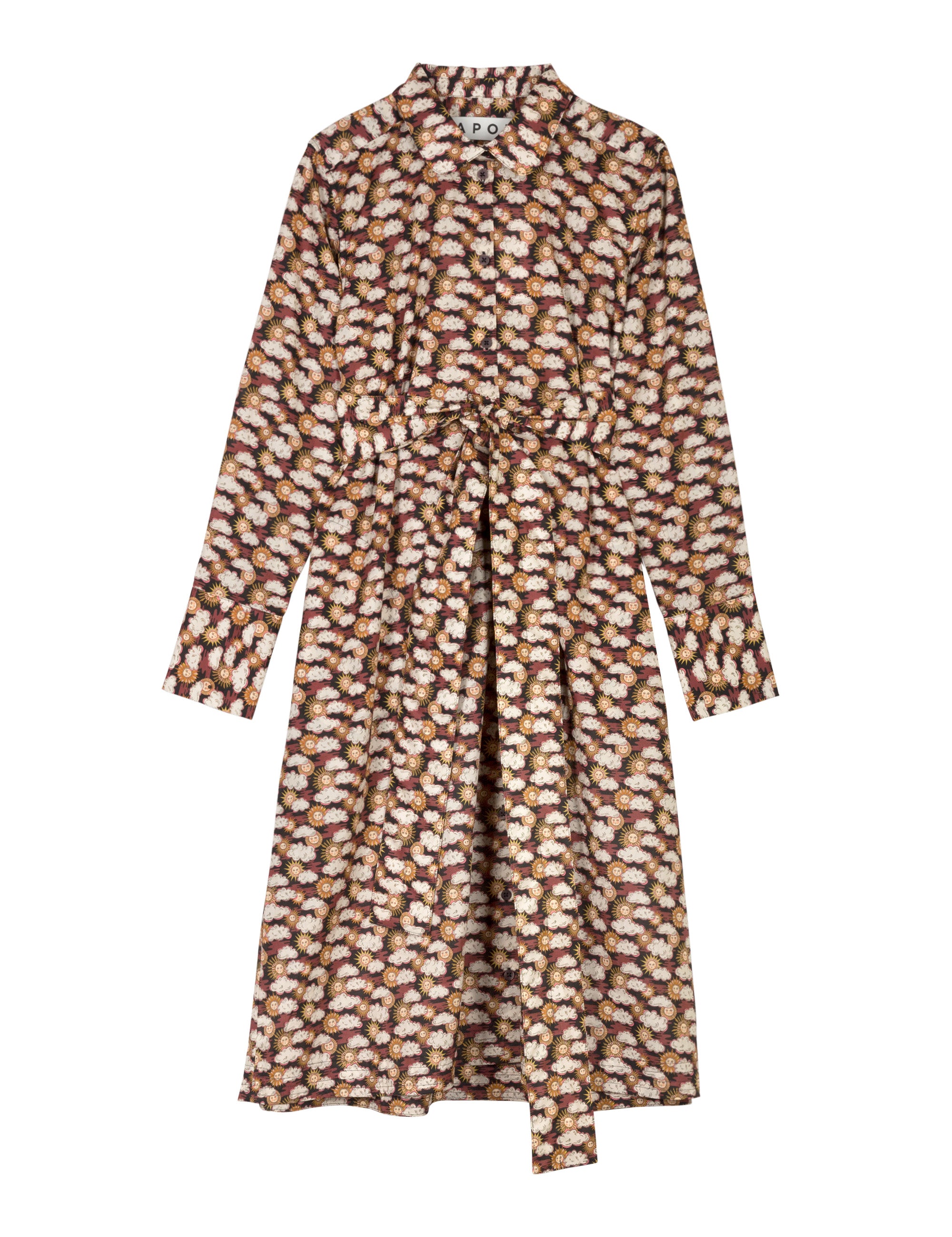 Shirt dress in cotton with sun and clouds pattern, long sleeves and belt