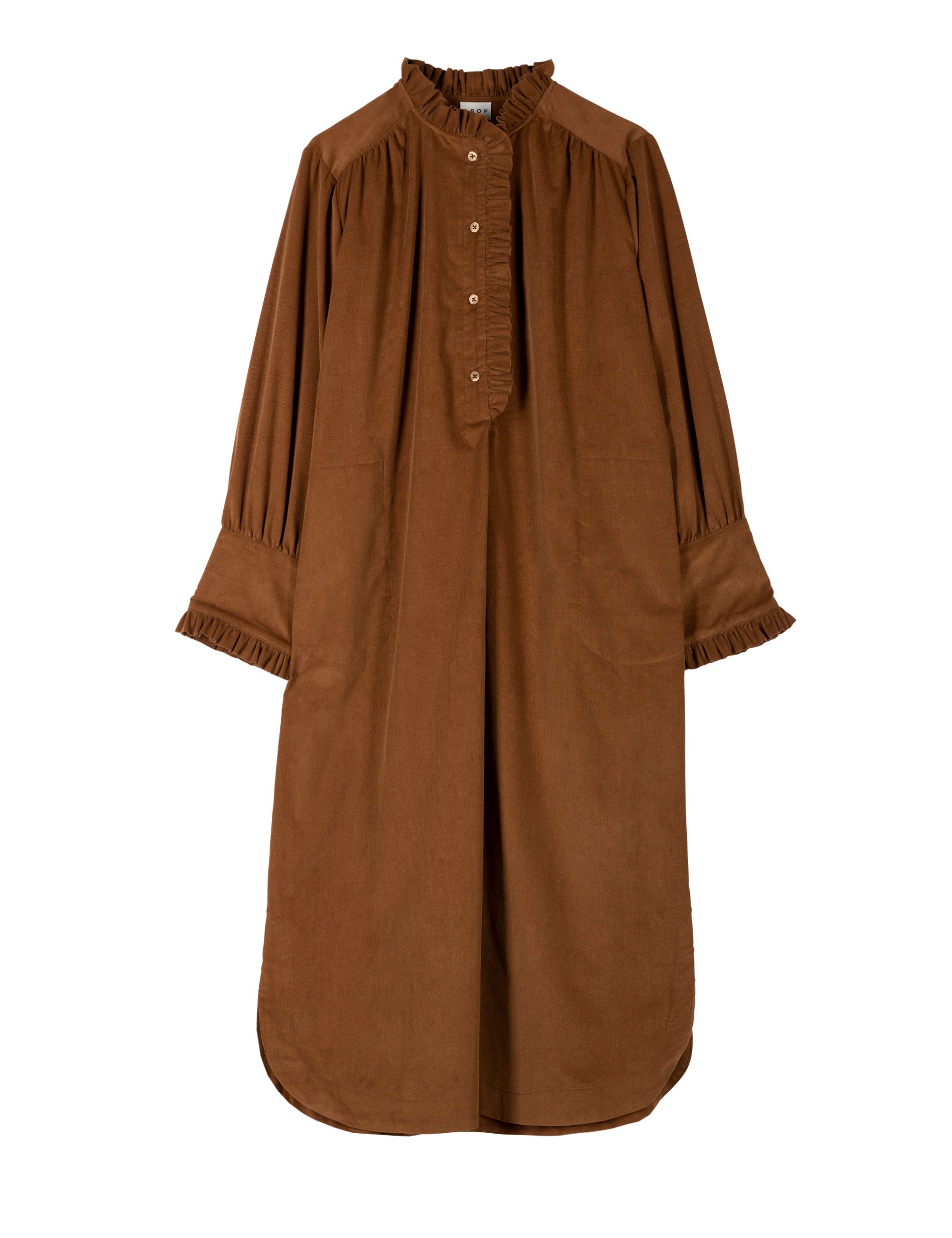 Brown corduroy dress with long sleeves, buttons and frills on the front, neck and cuffs