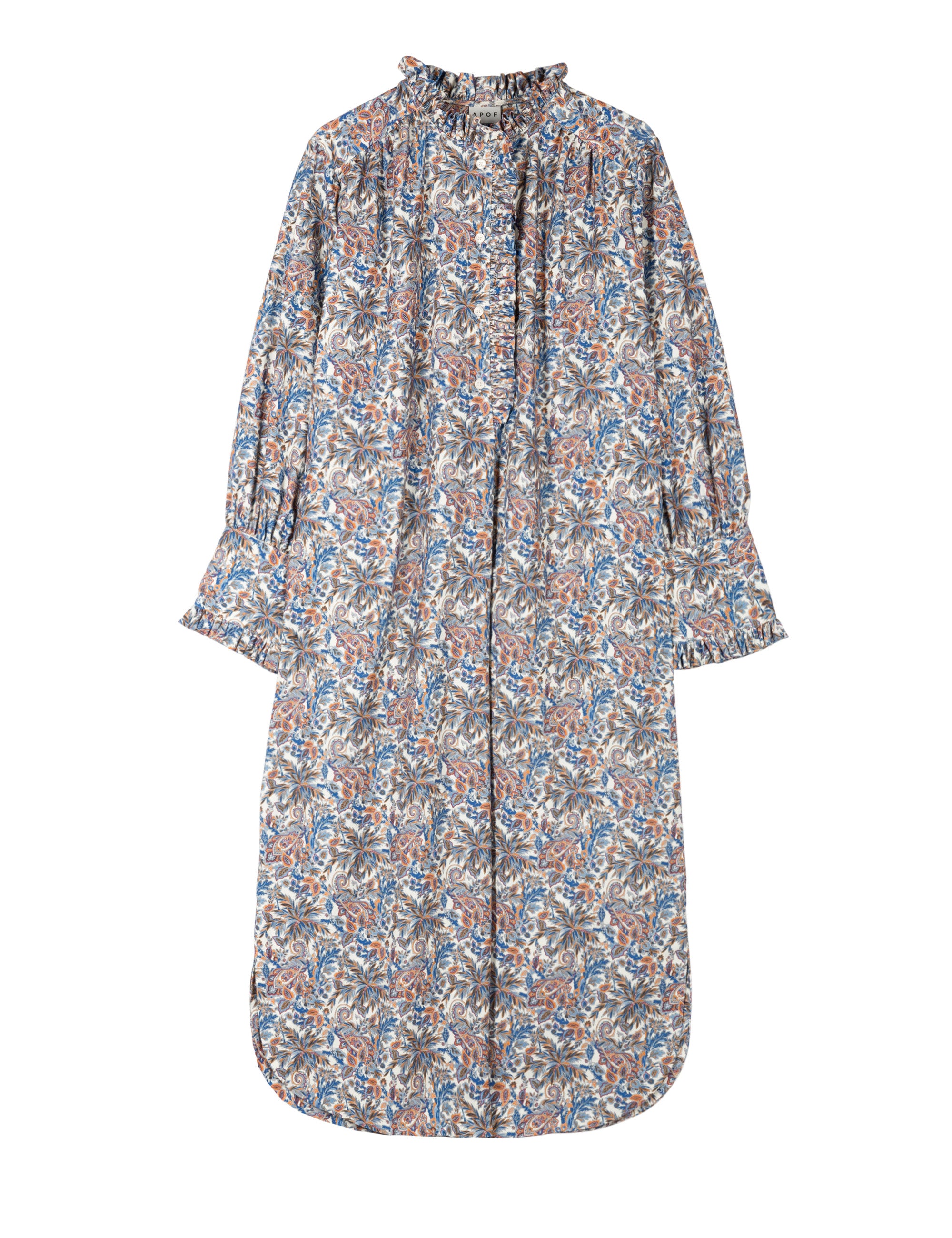 Long-sleeved floral print dress with ruffled stand collar and frilled cuffs