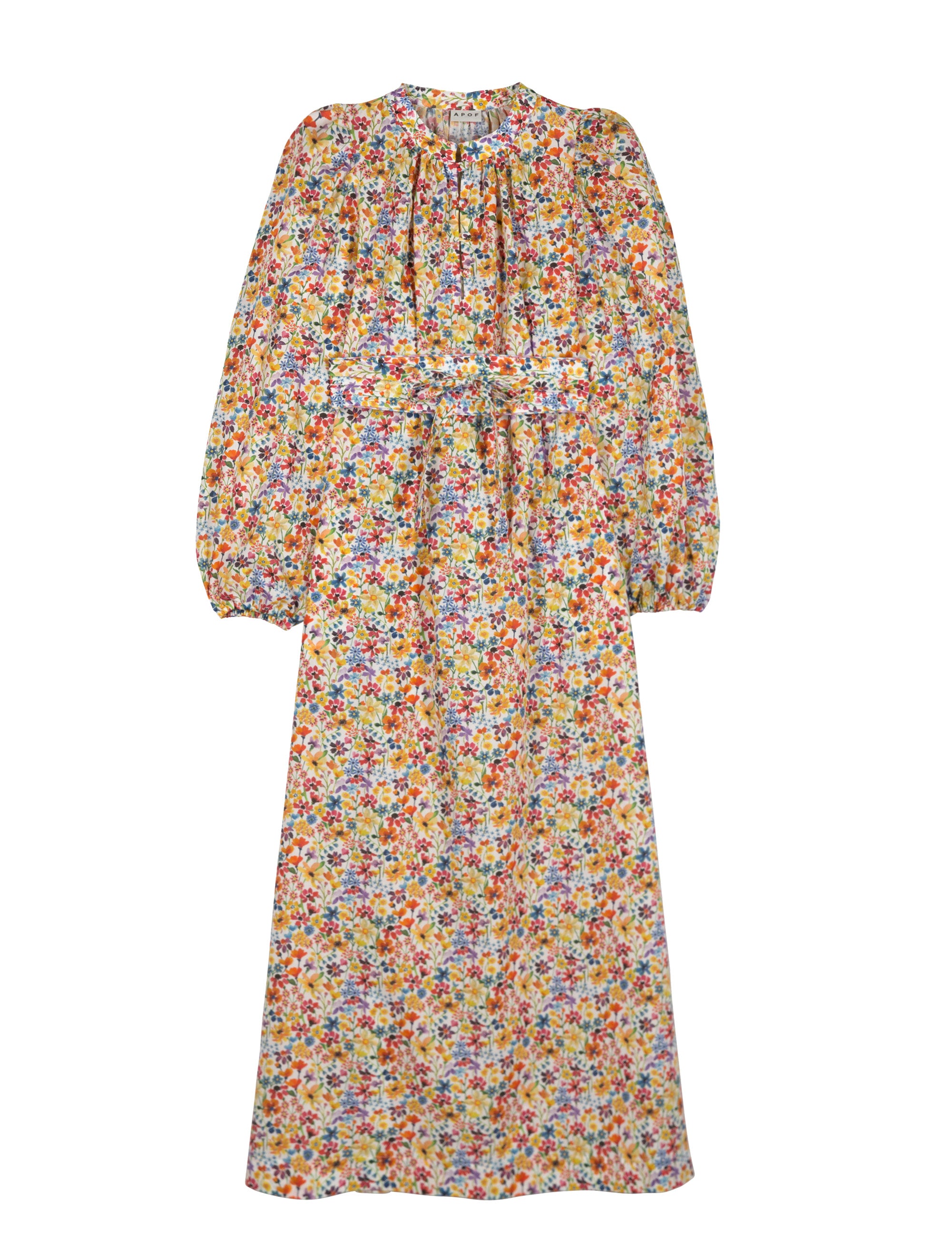 Long cotton dress with long sleeves and belt in multi colored flower pattern