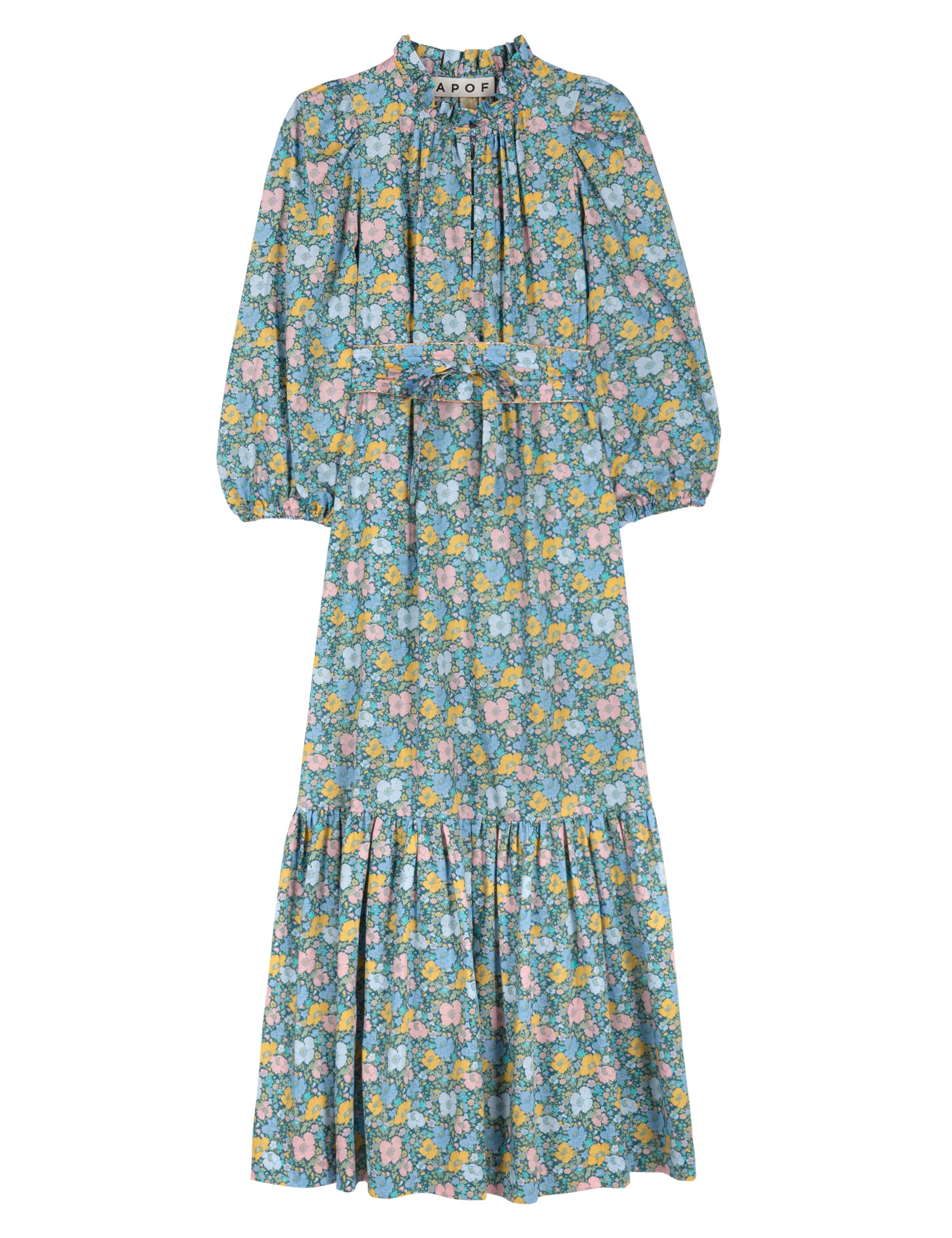 Long dress with multi-colored flower pattern, puffed long sleeves and belt