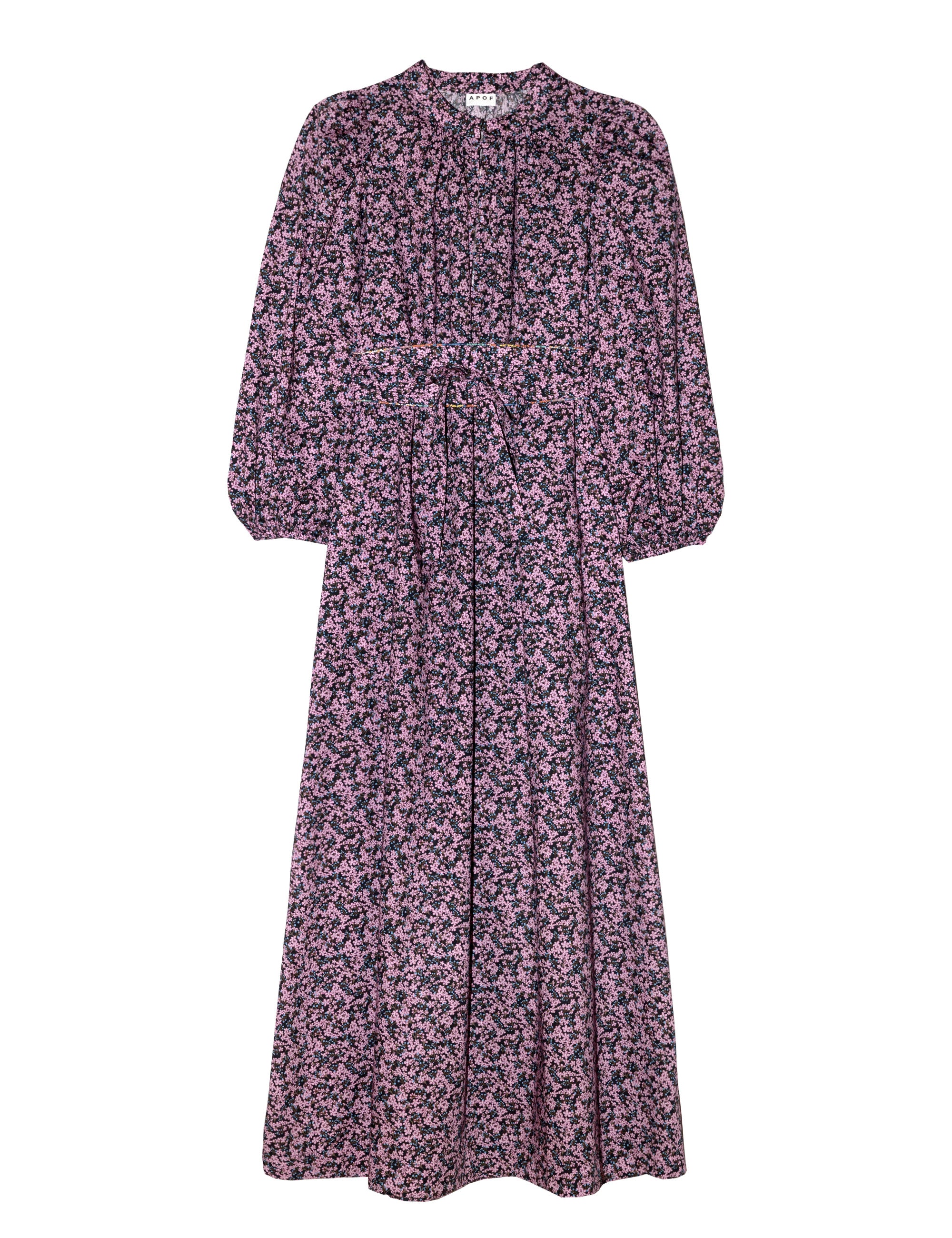Long Liberty cotton dress with purple flower print, long puffed sleeves and belt
