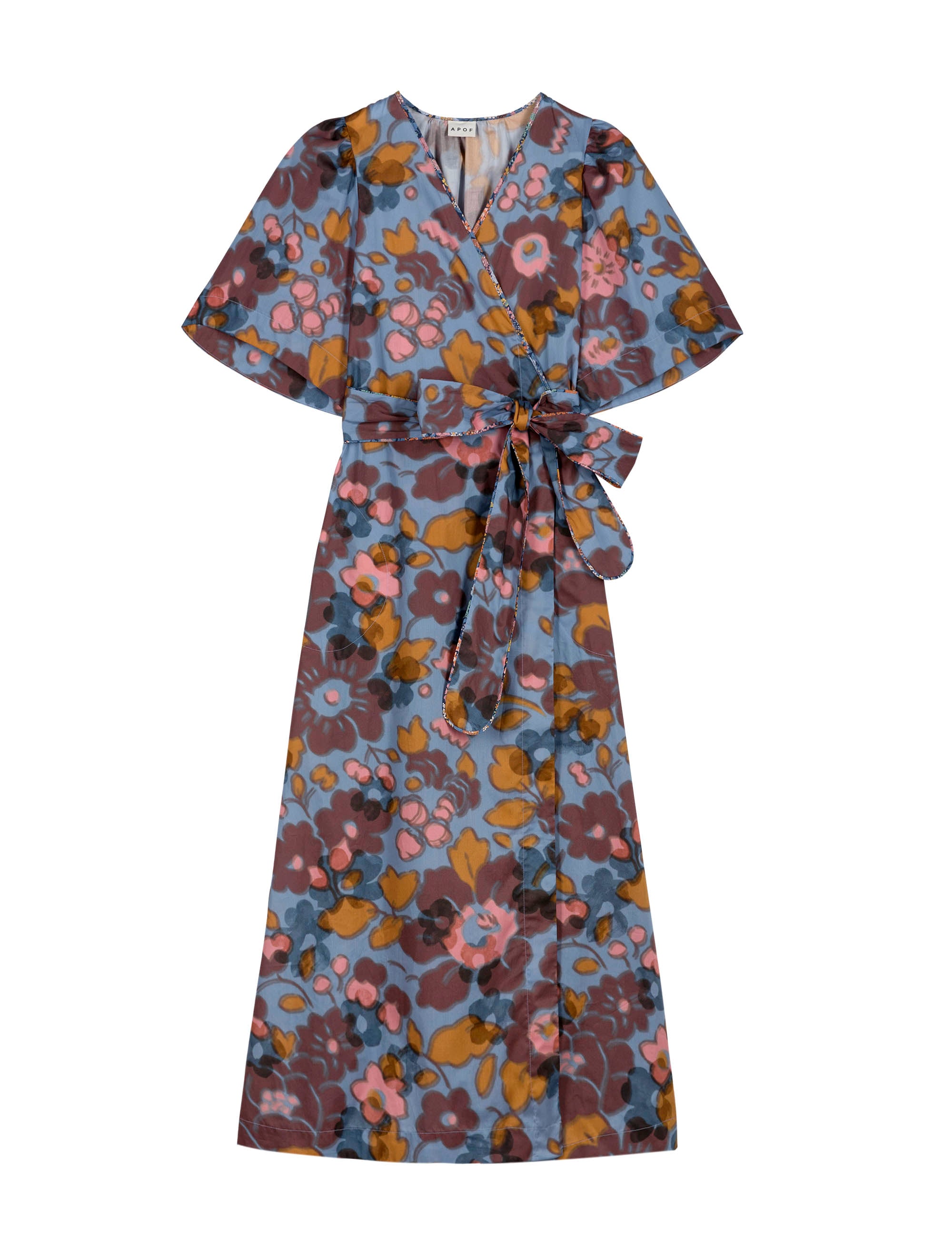 Blue pink and burgundy flower patterned wrap dress in Liberty cotton with short sleeves