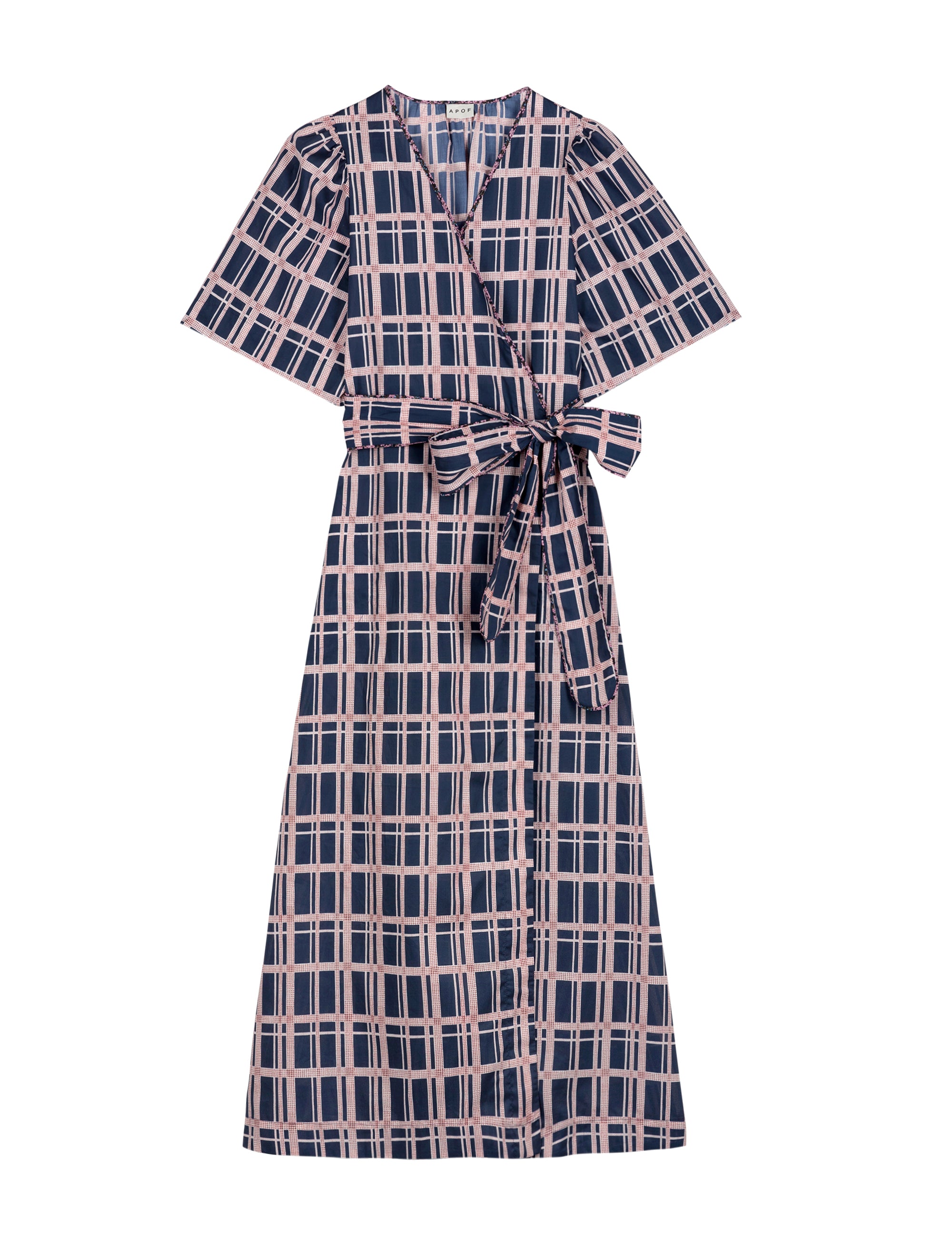 Black and pink checked wrap dress in Liberty cotton with short sleeves