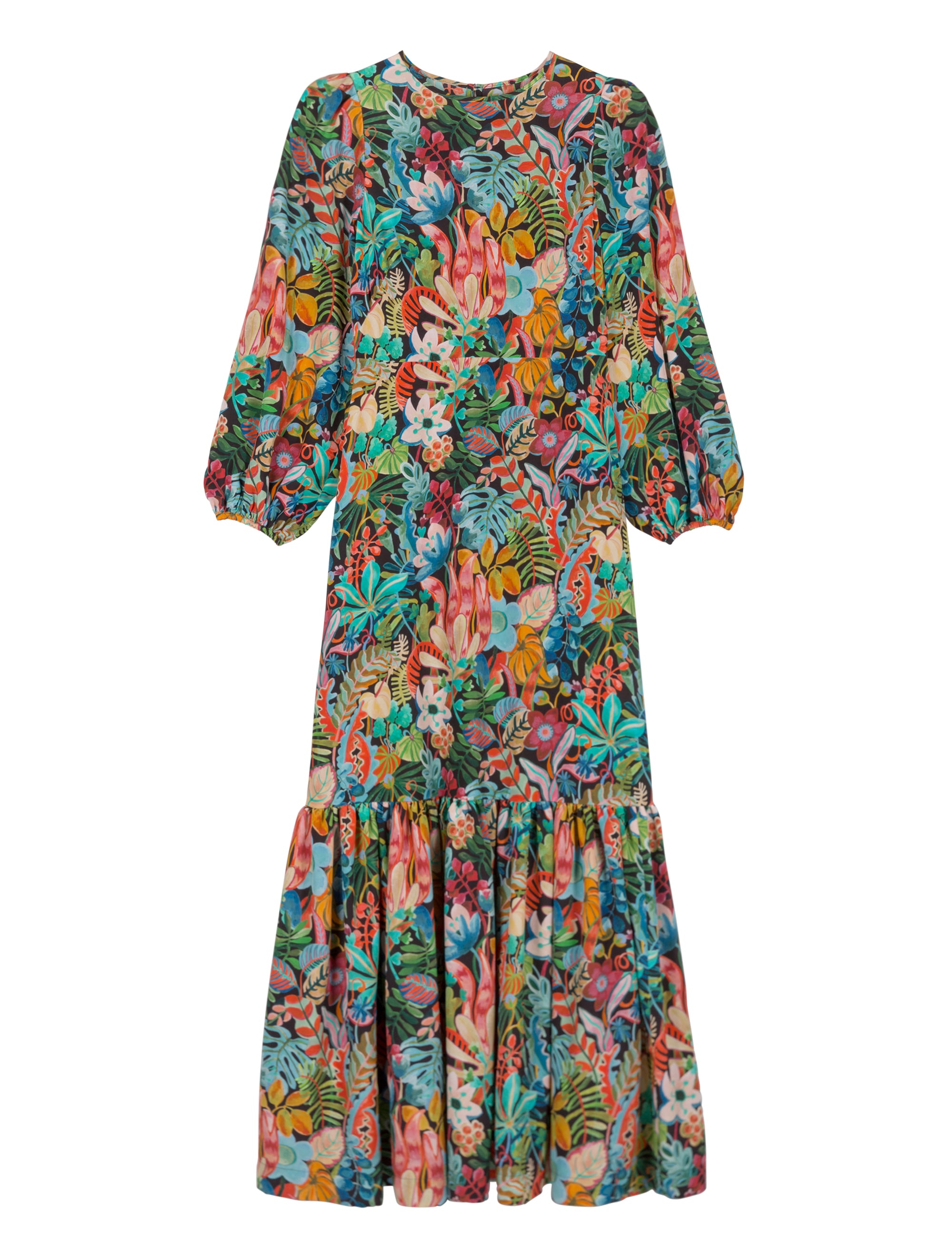 Silk maxi dress  with jungle multi-colored flower pattern and puffed sleeves
