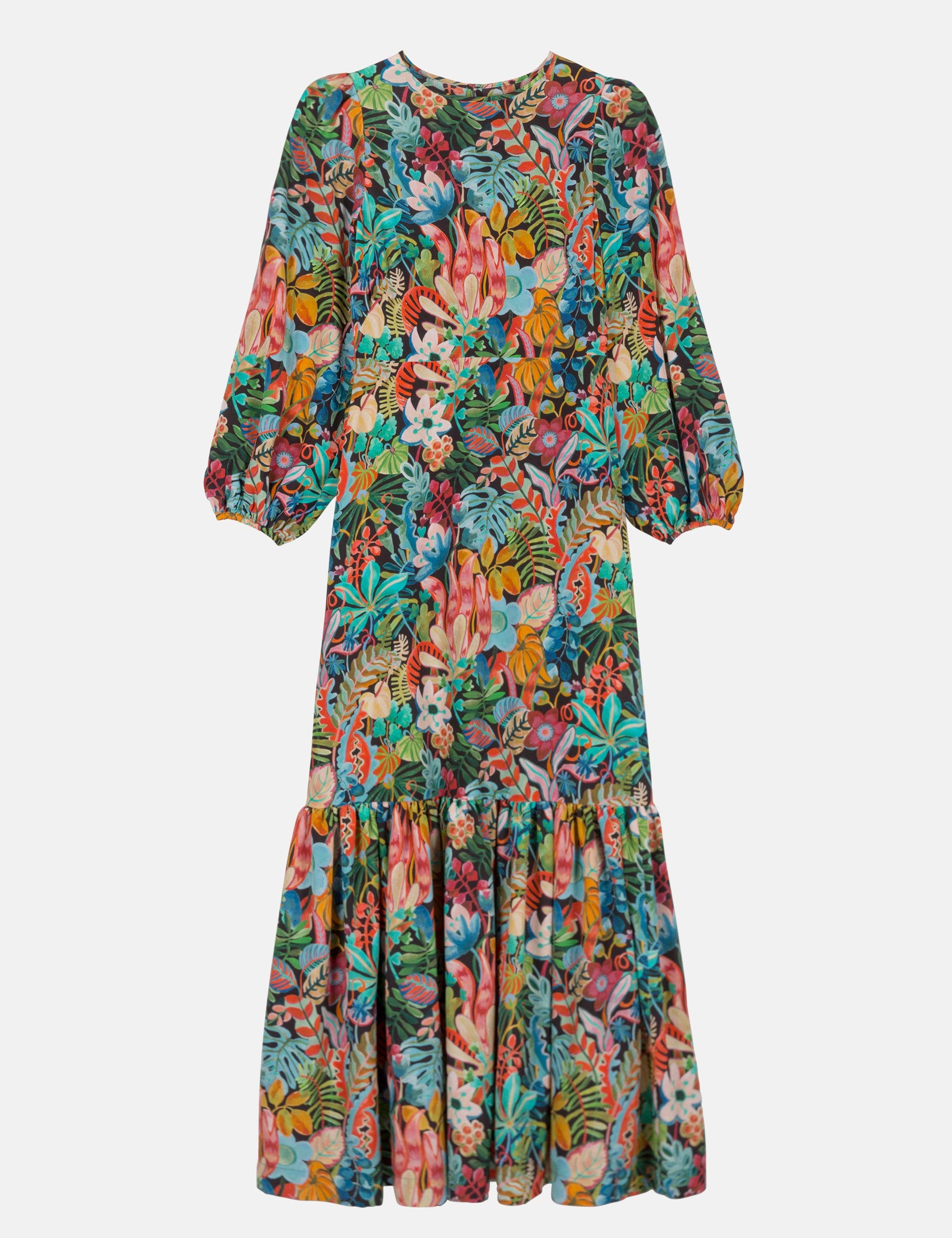 Silk maxi dress with jungle multi-colored flower pattern and puffed sleeves