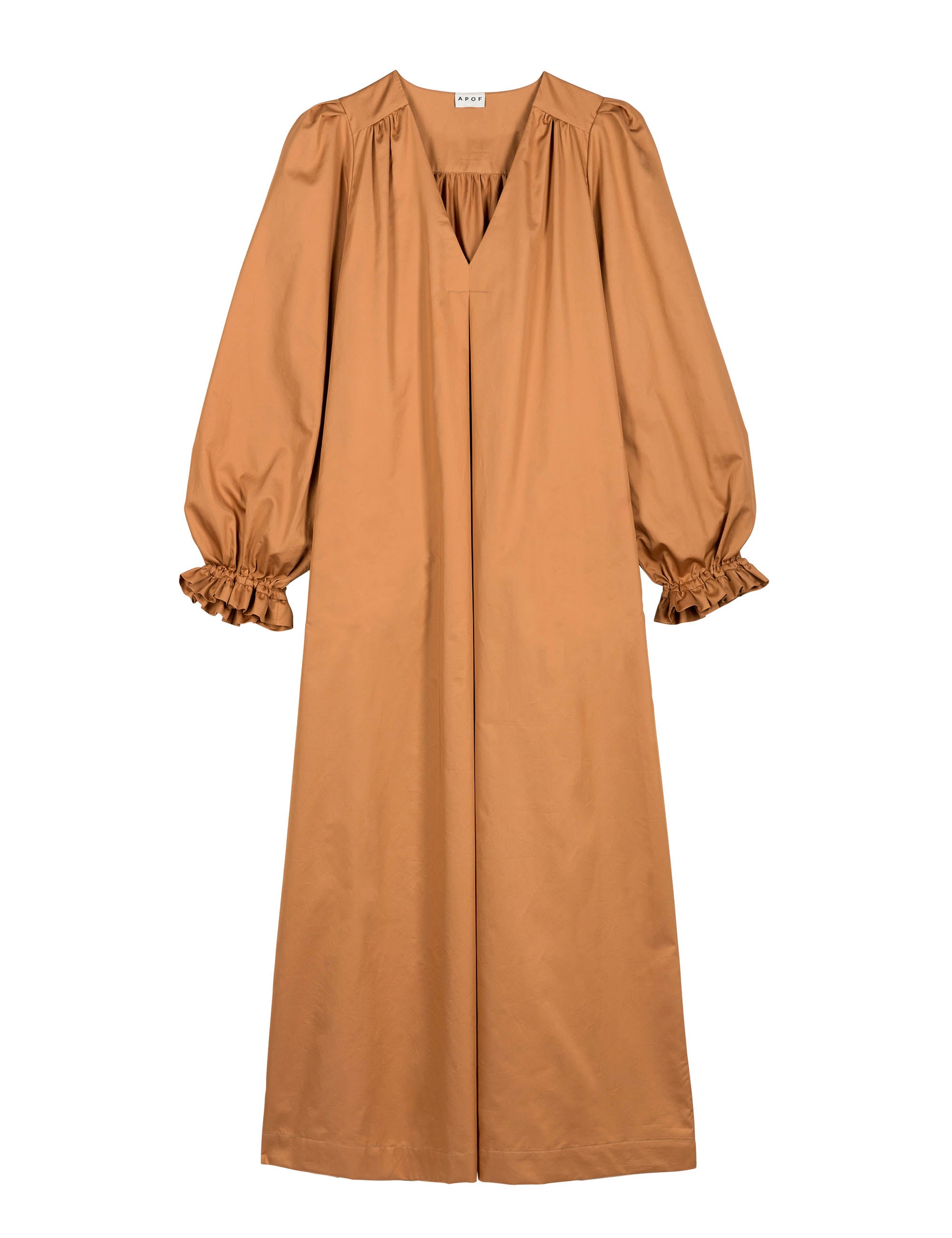 Long brown cotton tunic dress with v-neck, puffed long sleeves and frilled cuffs