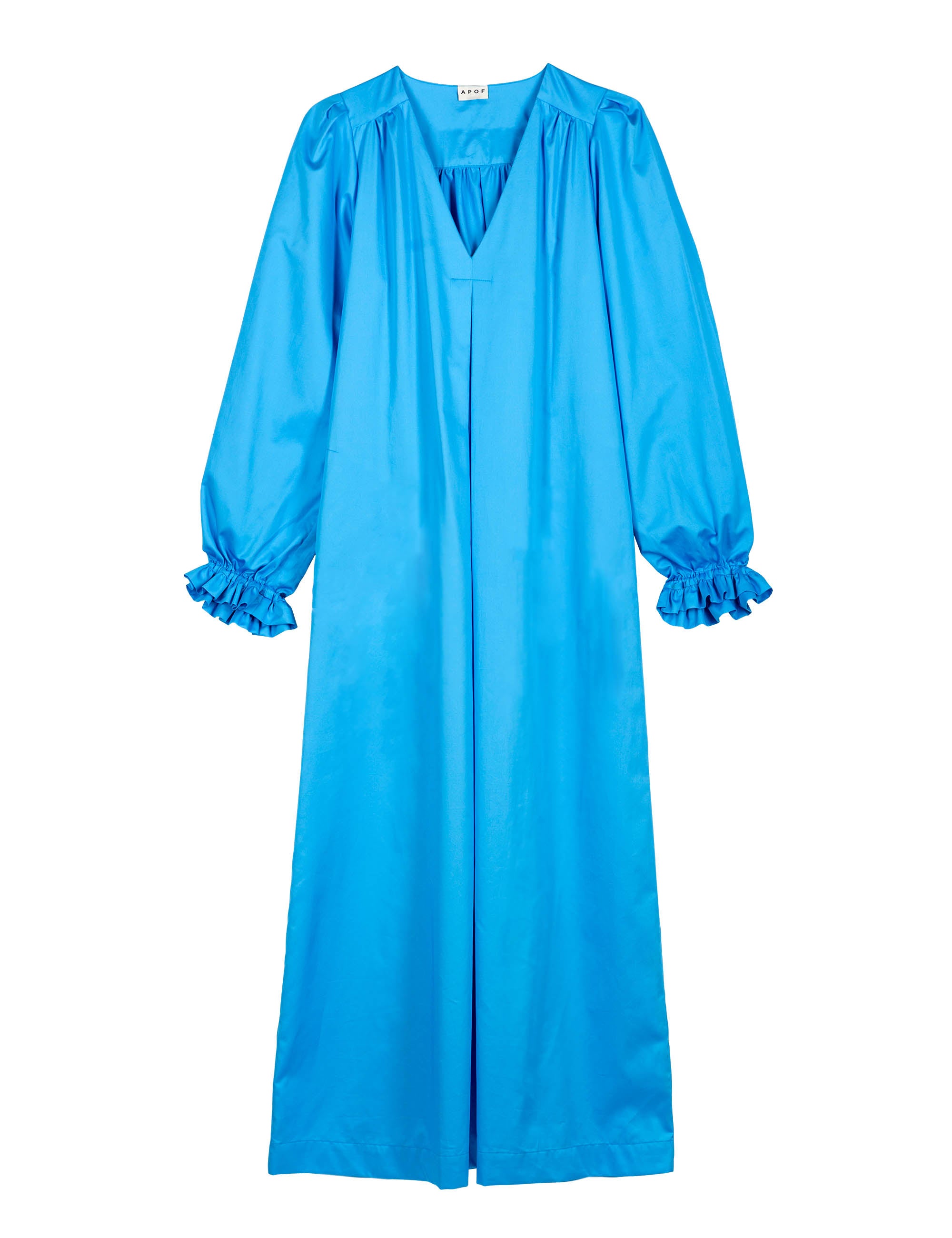 Long blue cotton tunic dress with v-neck, puffed long sleeves and frilled cuffs