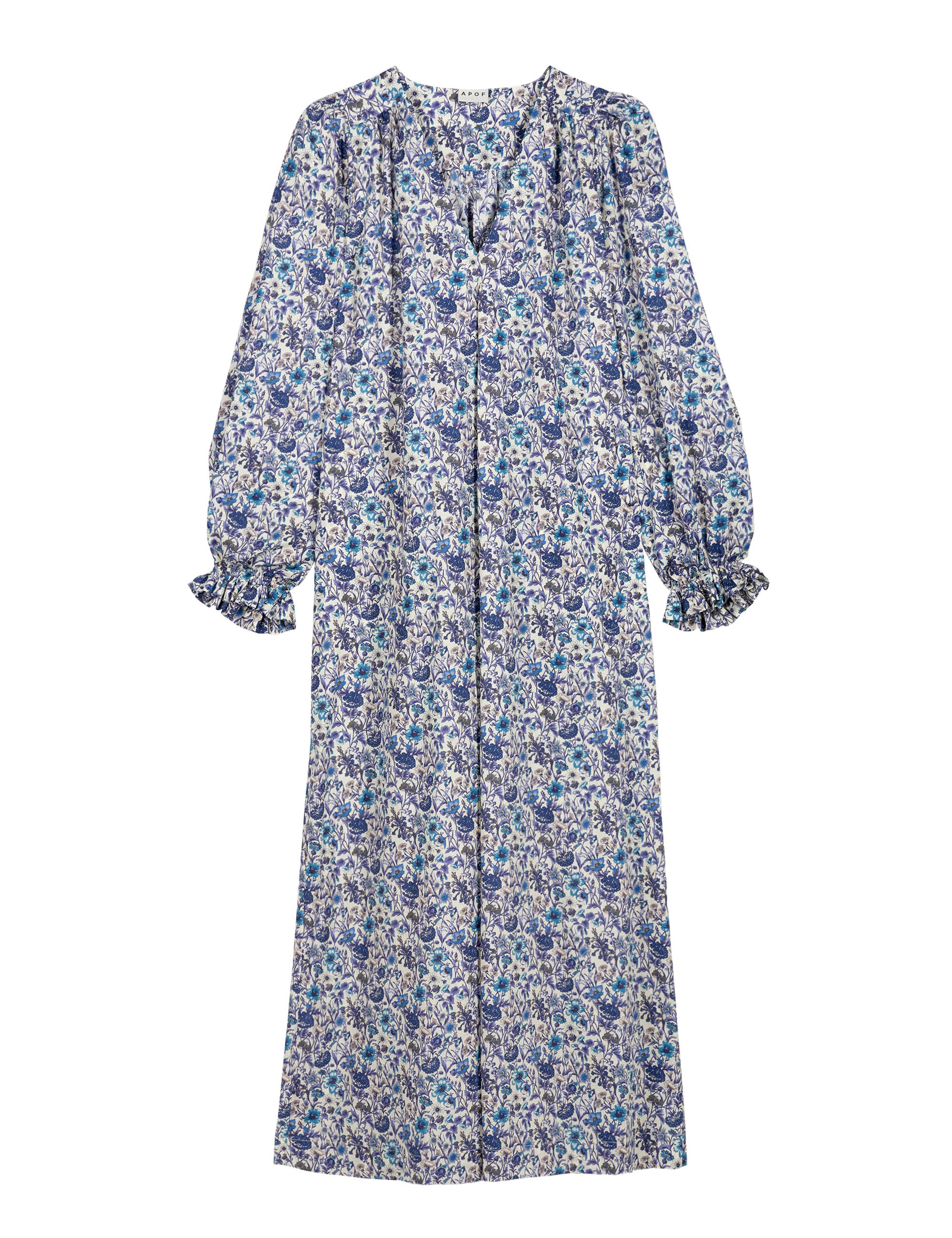 Midi cotton dress with blue flower print, v-neck and ruffled cuffs