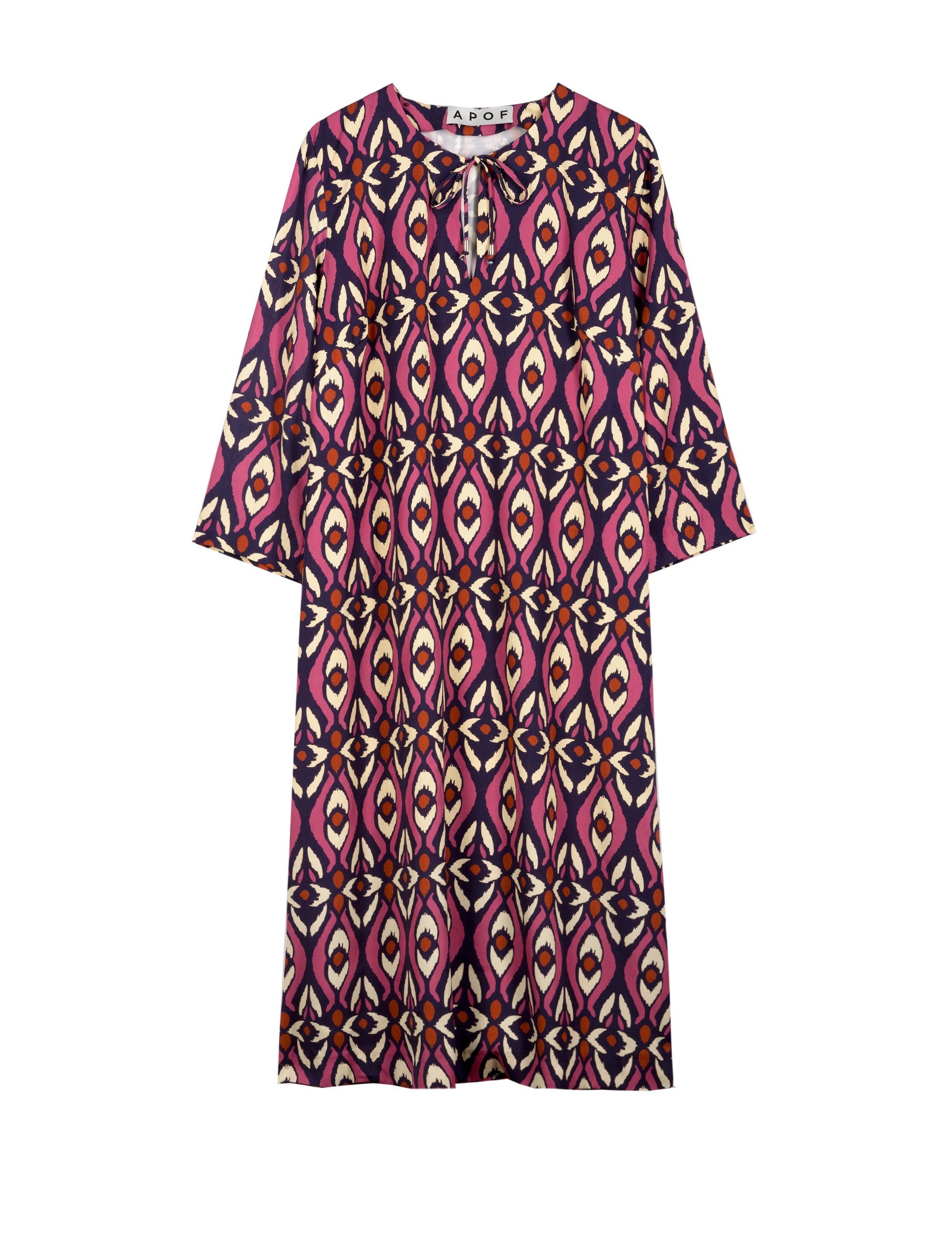 Midi tunic dress in viscose with red black and beige ethnic pattern