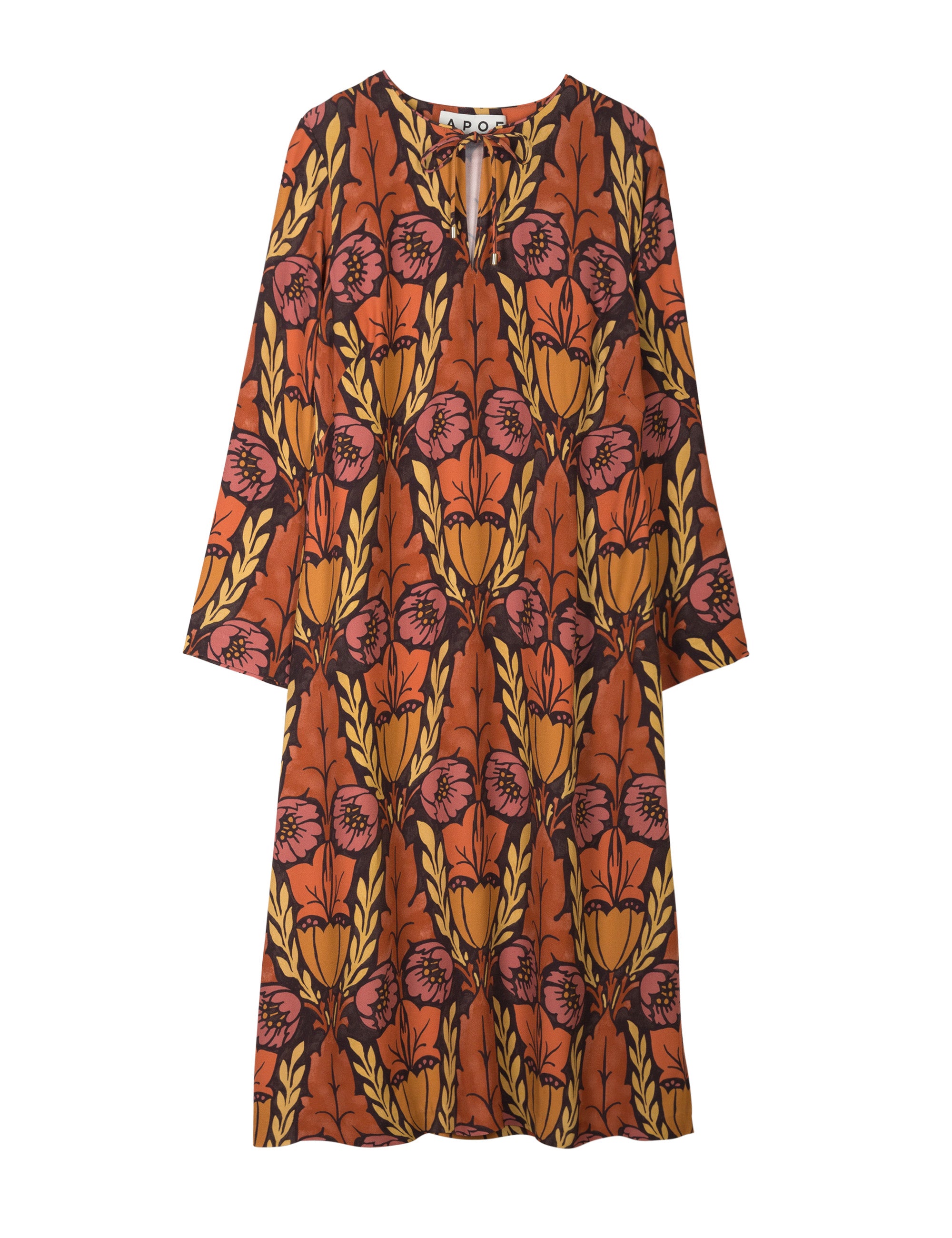 Midi long sleeved viscose dress with large flower print in pink, orange and yellow
