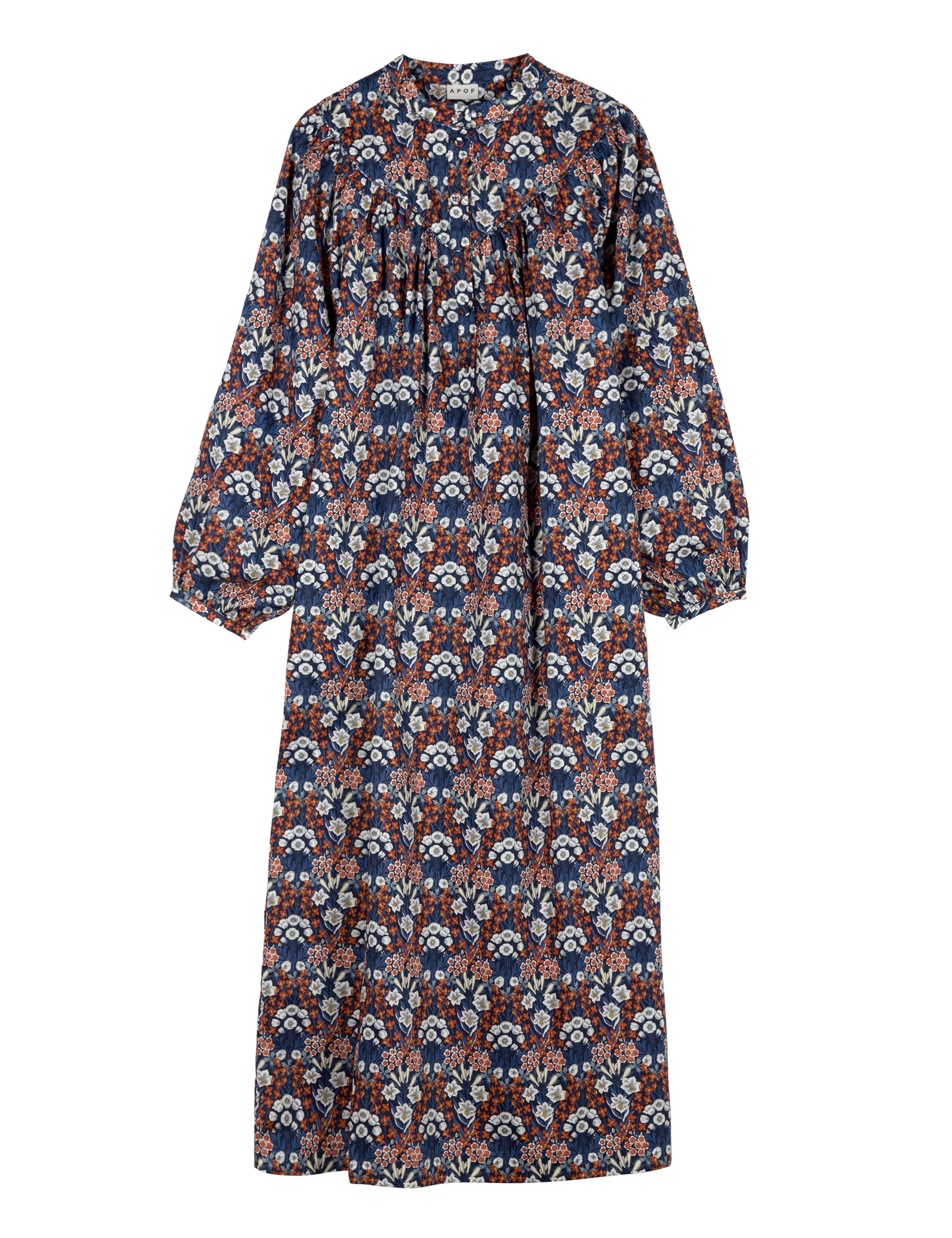 Long sleeve cotton dress with blue red and white flower pattern