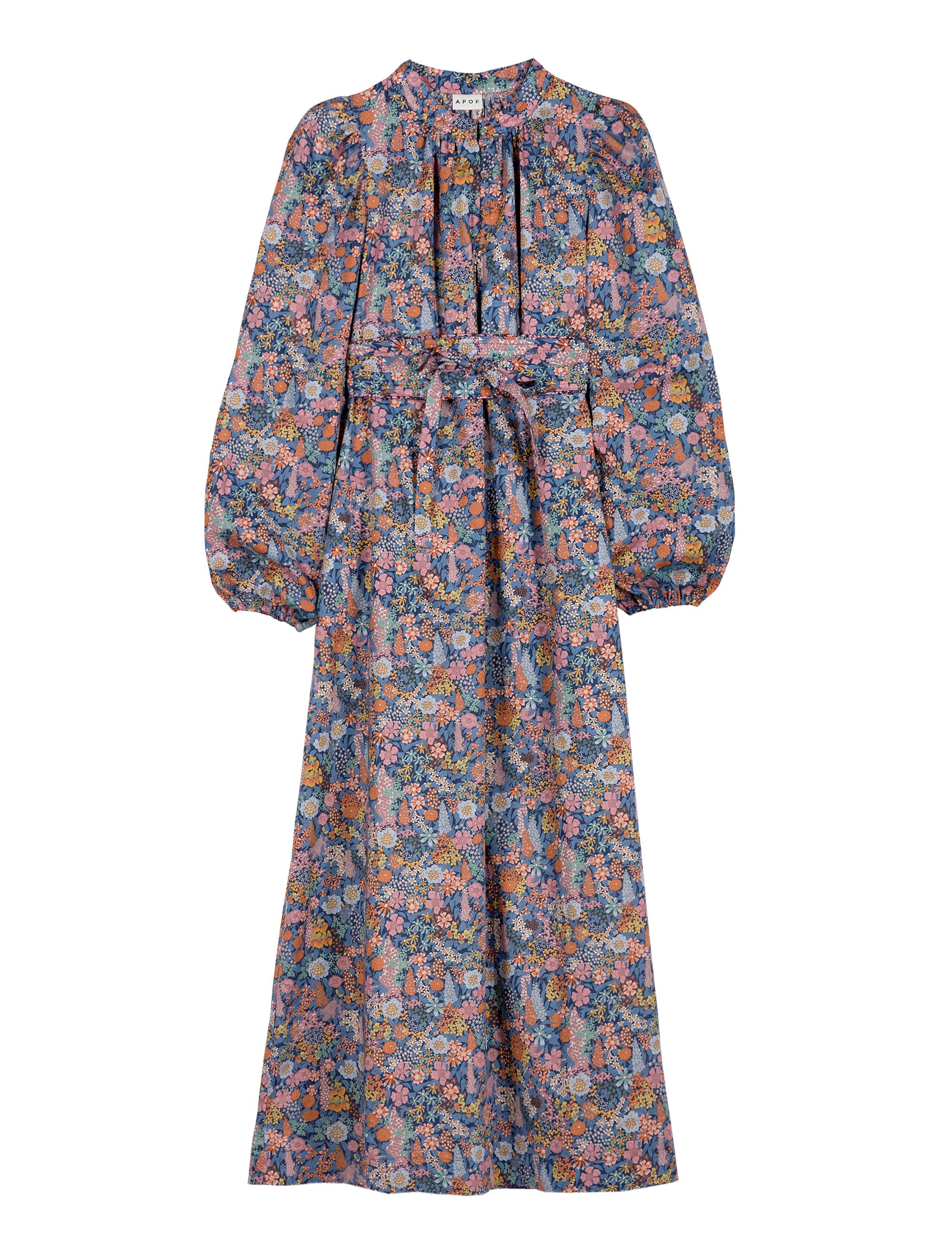 Long Liberty cotton dress with multi-colored flower print, long puffed sleeves and belt
