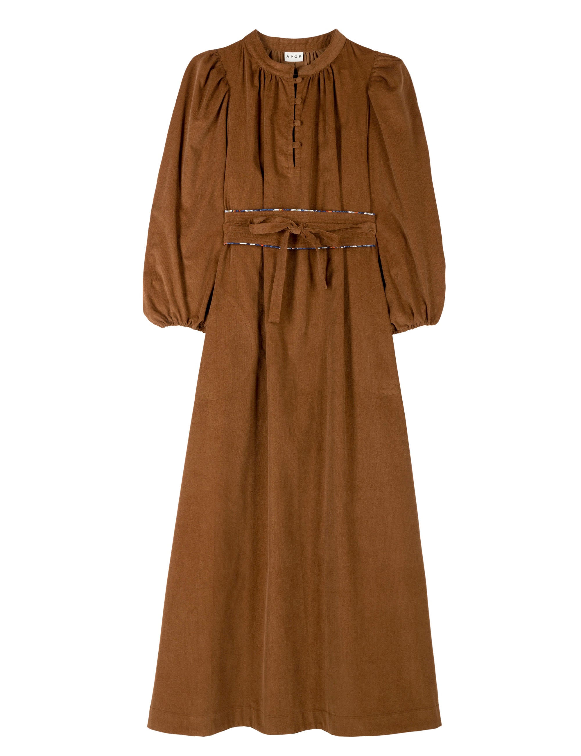 Long sleeved brown corduroy dress with belt and buttons