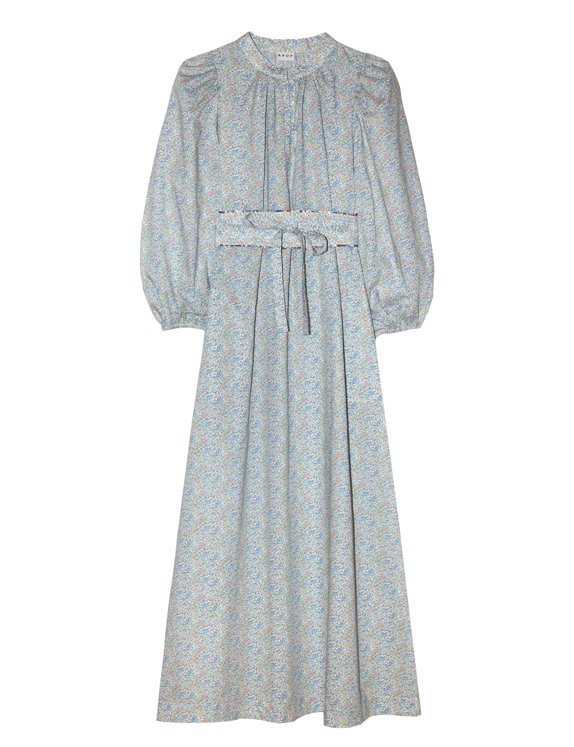 Long Liberty cotton dress with green flower print, long puffed sleeves and belt