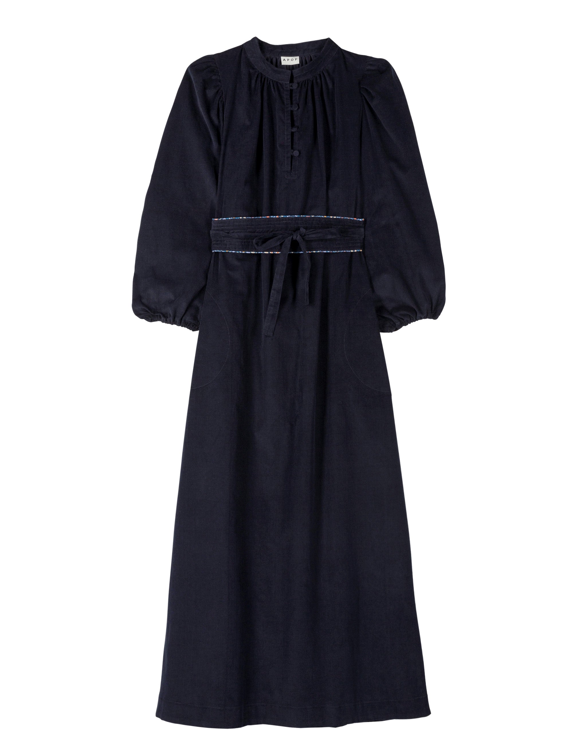 Long navy blue corduroy dress with belt