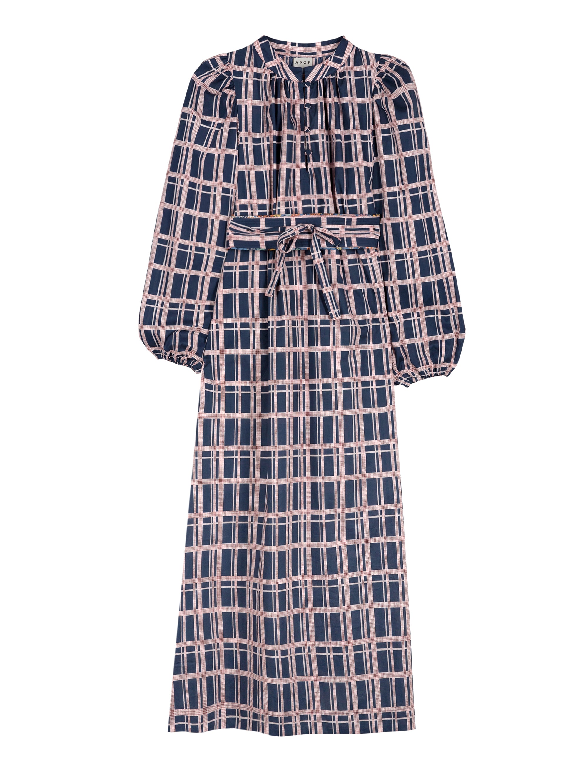 Long Liberty cotton dress with pink and blue check print, long puffed sleeves and belt