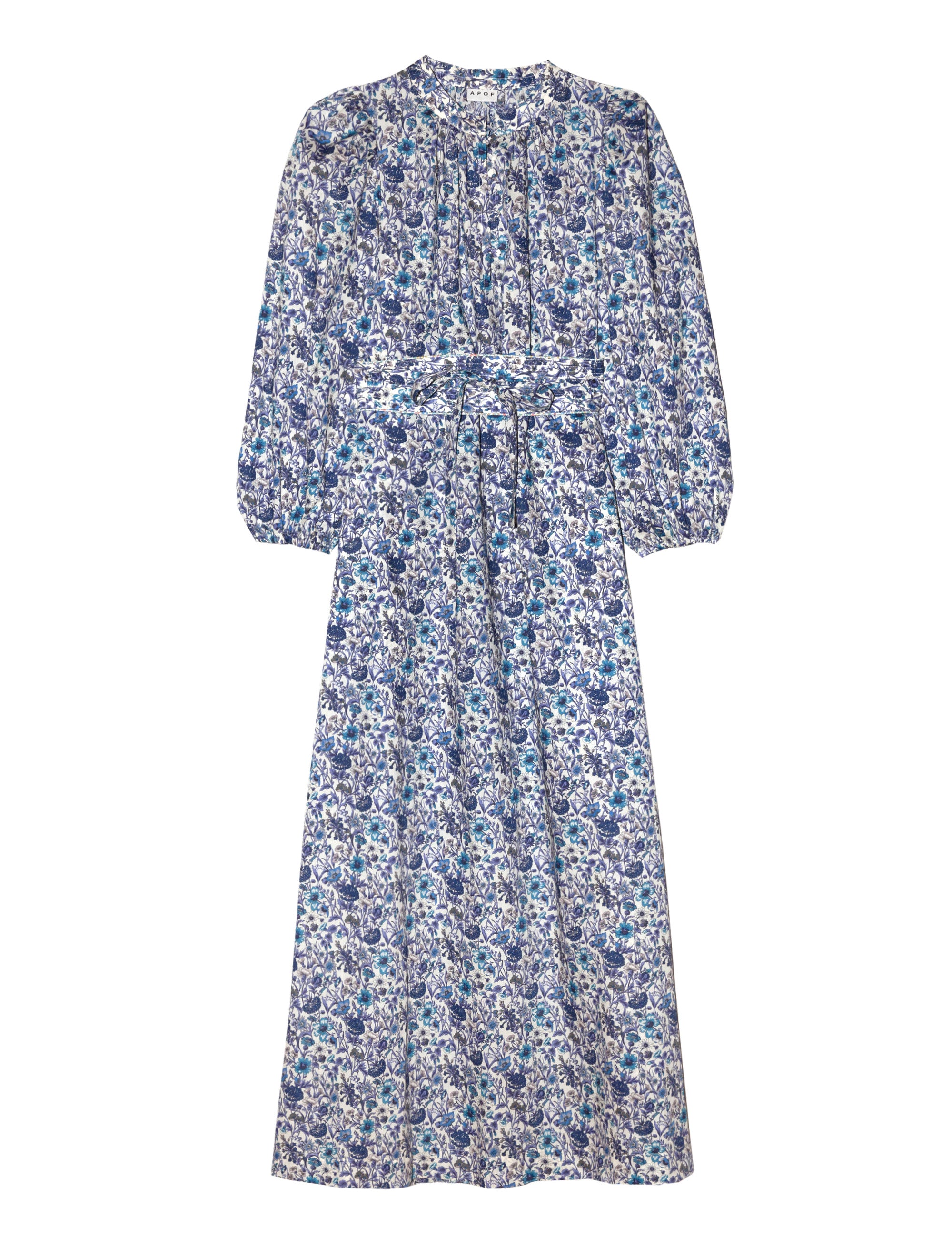 Long Liberty cotton dress with blue flower print, long puffed sleeves and belt