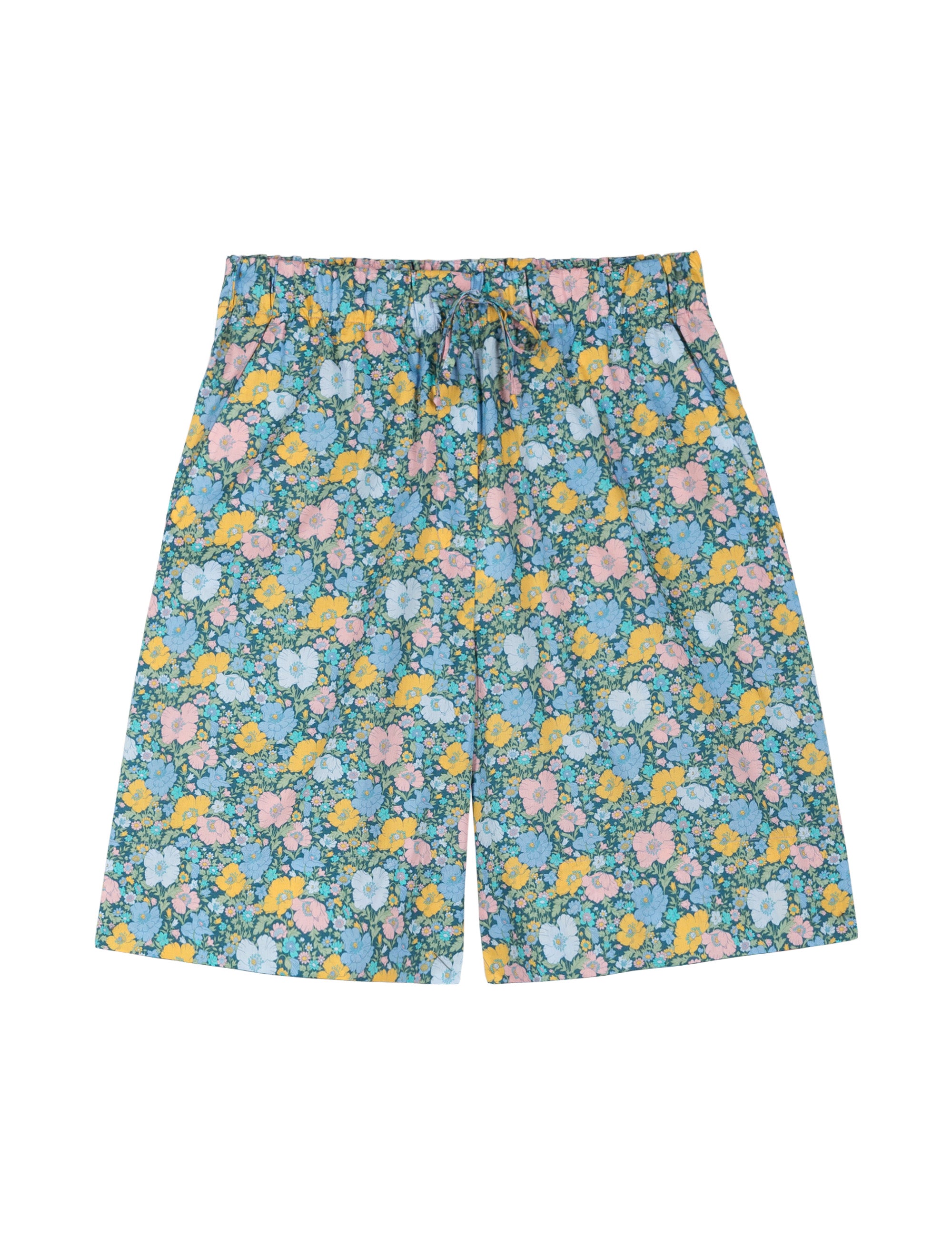 Green women's cotton shorts with multi-colored floral print