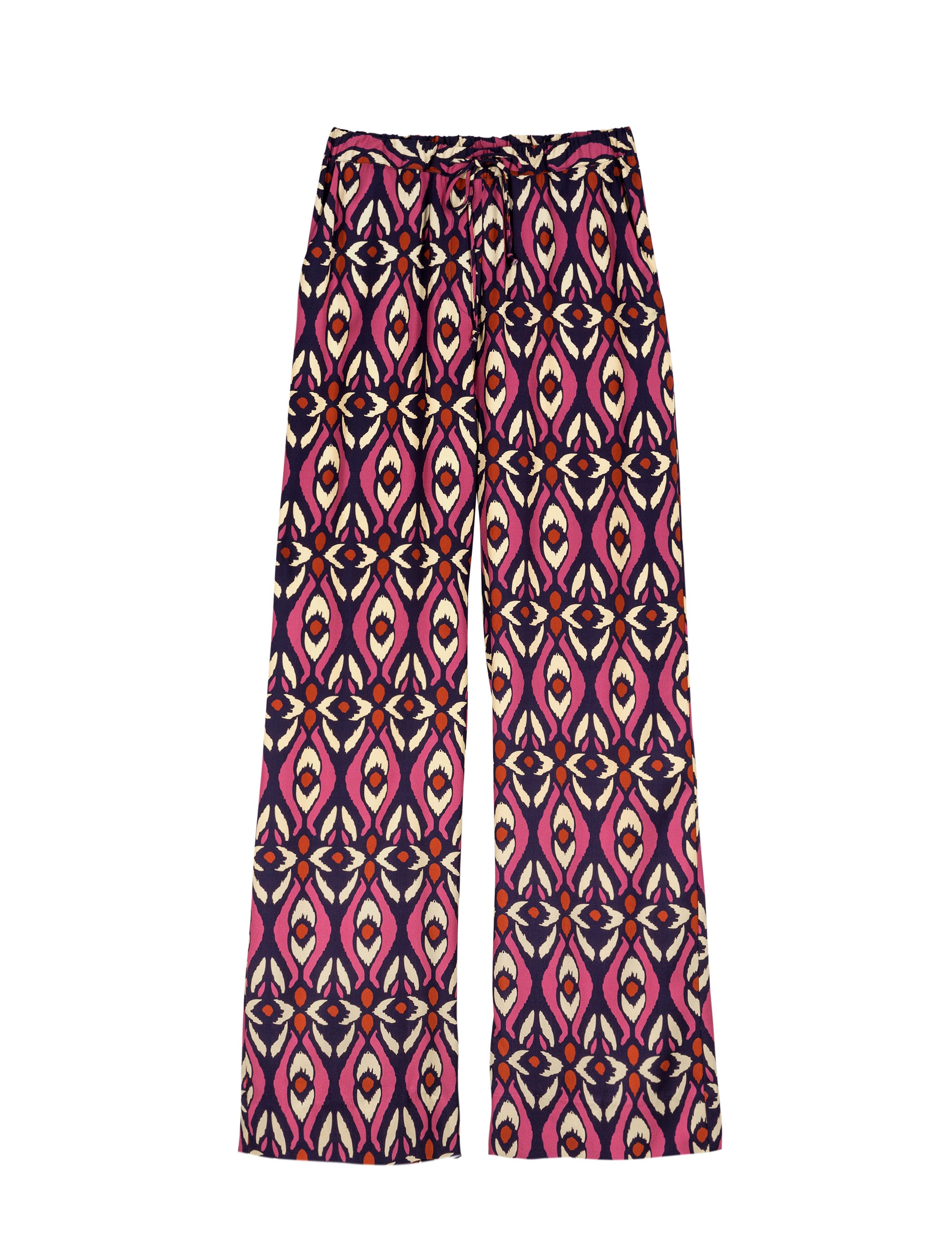 Women's viscose pants with ethnic pattern in red beige and black