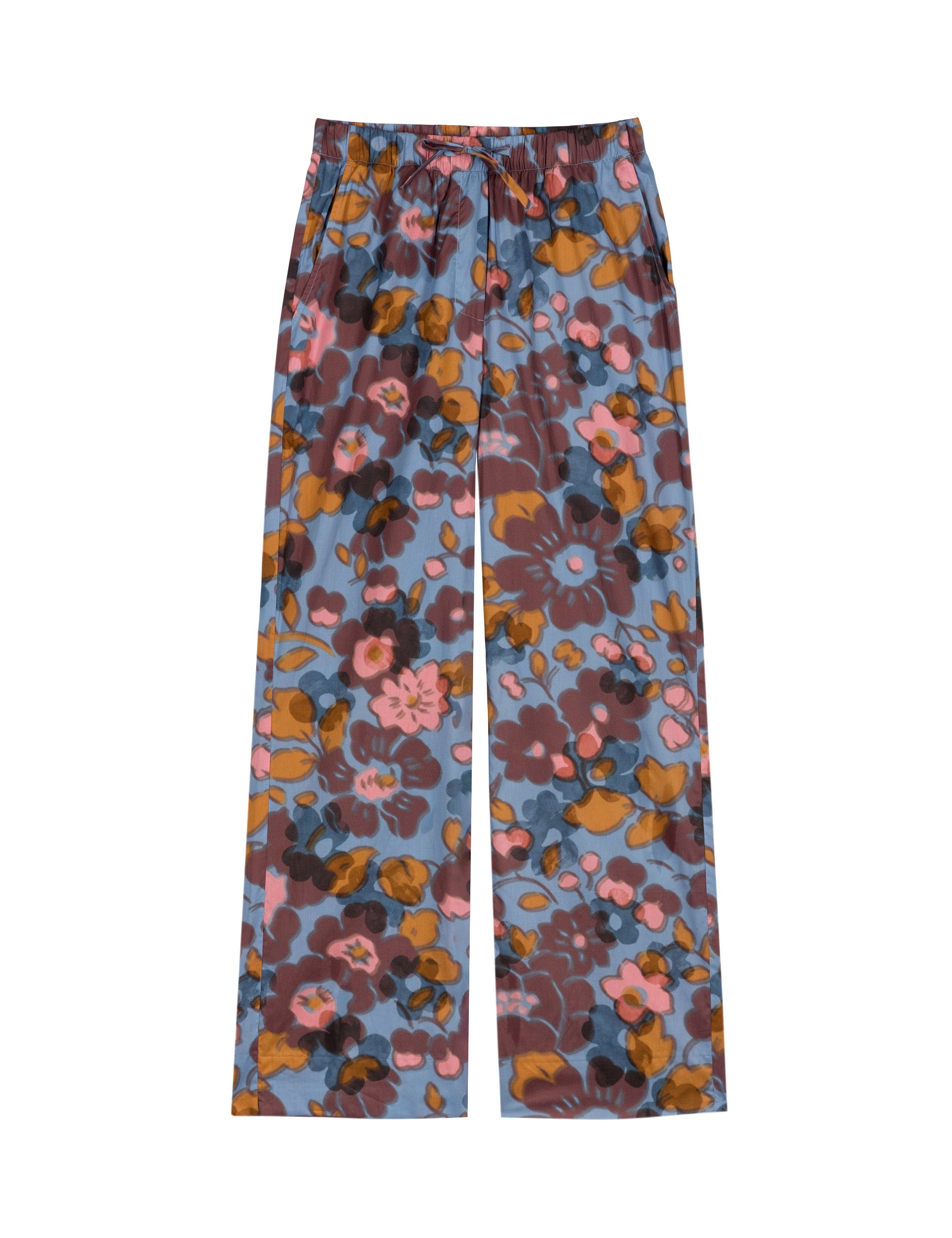 Women's cotton pants with large floral print in blue, burgundy and orange